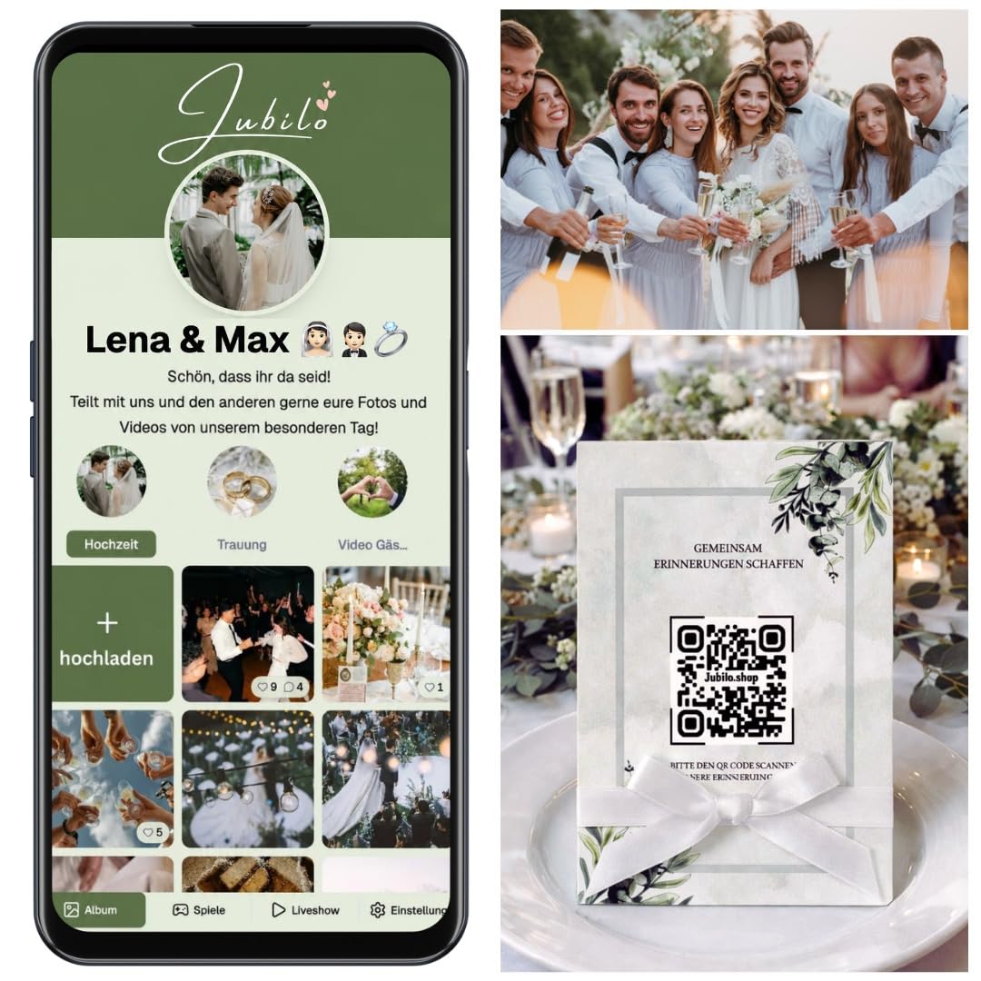 Jubilo Hochzeitsfotos QR Code mit 25 Tischkarten | Fotogalerie | Hochzeitsbilder sammeln mit Gästen | Hochzeitsspiele und Fotoaufgaben | Fotospiele Für unvergessliche Hochzeit Erinnerungen