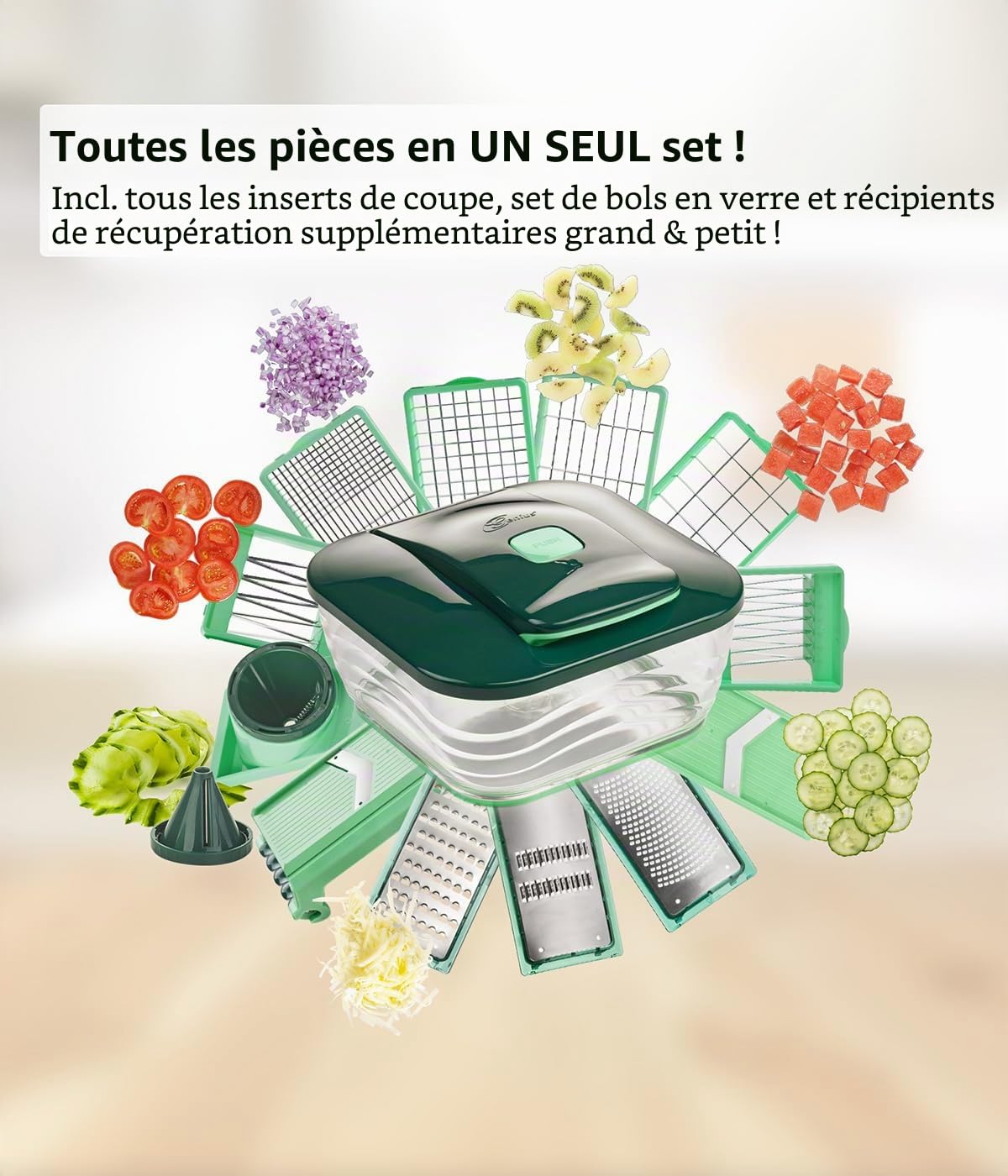 Genius Mandoline Nicer Dicer Chef 34 en 1 Multifunction Professionelle - Coupe-légumes avec bol en verre et coupe-tomates légumes | âtonnets, tranches, bandes, spirales, julienne