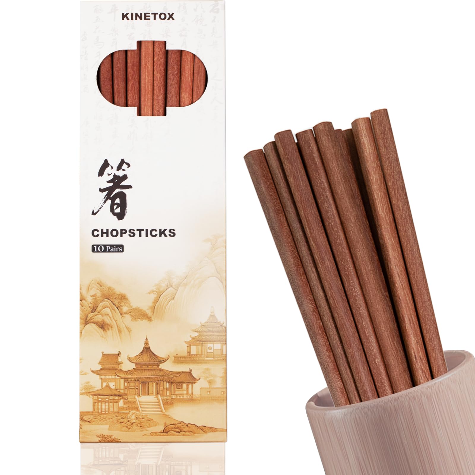 KINETOX Wooden Chopsticks 10 Pairs Chinese Resusable Chopsticks Dishwasher Safe Chop Sticks for Beginners for Sushi Rice Noodles Asian Dishes Reddish Brown
