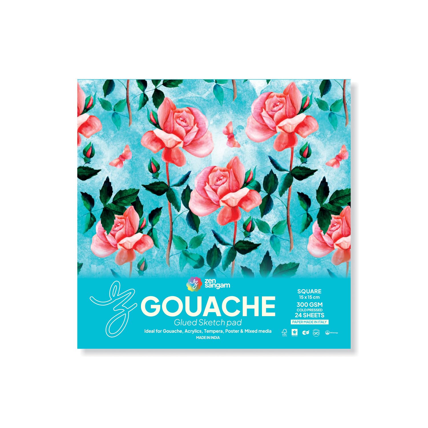 Zen Sangam Artists’ - Square Gouache Glued Sketch Paper Pad - 300 GSM - Cold Pressed - (24 Sheets) - Rough Grain Surface - Size (15cm x 15cm) - Gouache Book