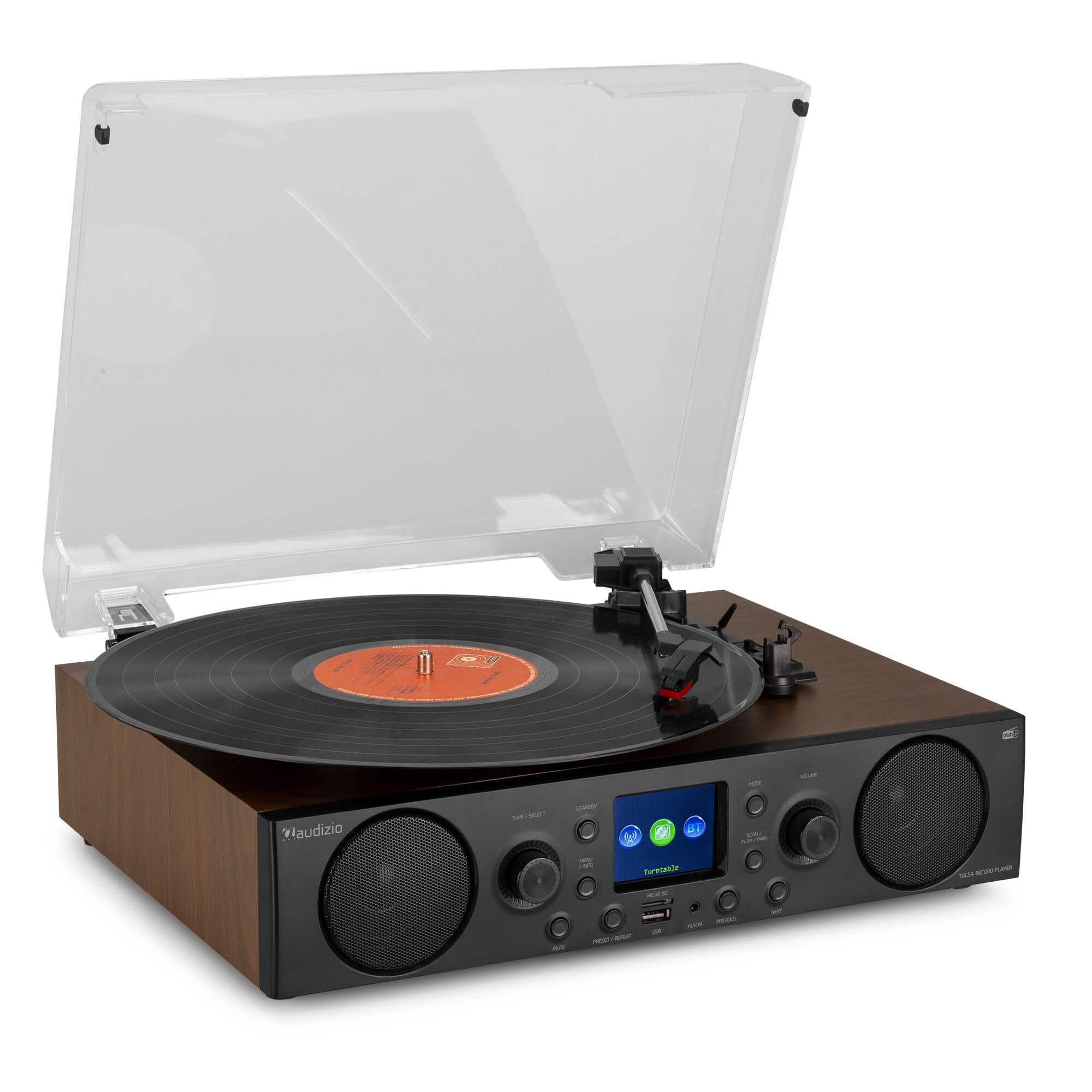 Audizio Tulsa - Sistema estéreo con Tocadiscos Bluetooth 5.0, sintonizador FM, Radio Dab, función de grabación, Tocadiscos con Altavoces, giradiscos, USB, SD, AUX, RCA, Modo Alarma, diseño de Madera