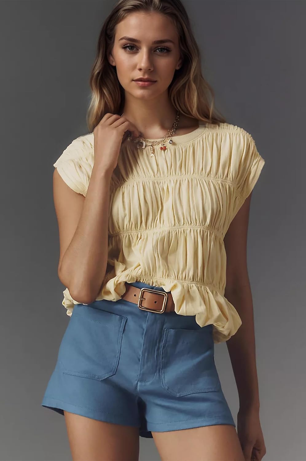 Livtany Women's Cap Sleeve Shirred Tank Tops Crew Neck Tiered Bubble Babydoll Cute Blouse Top Solid Loose Fit Tee Shirts - Image 2