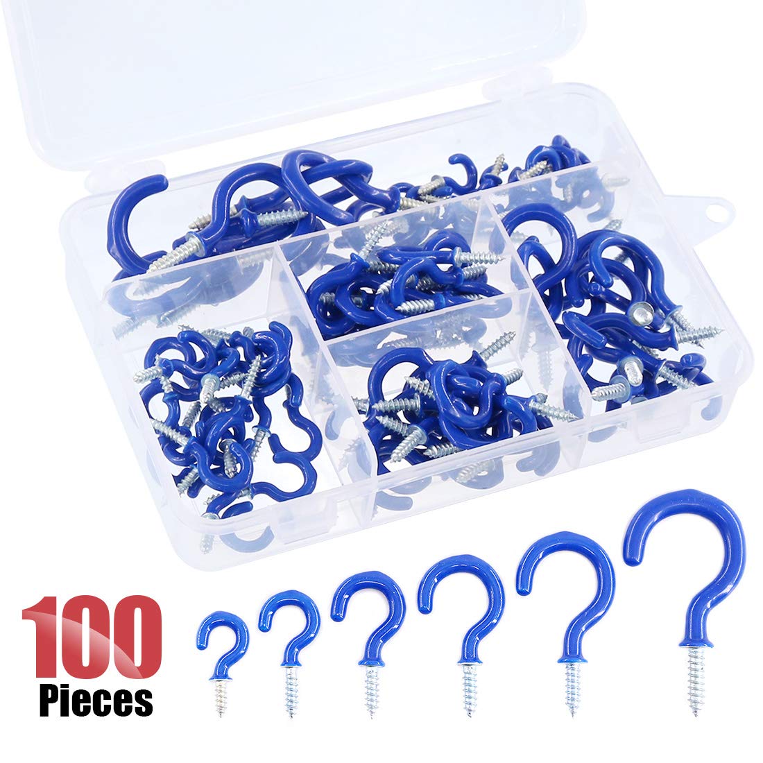 Hilitchi 100-Pieces Blue [6-Size] Vinyl Coated Screw-in Ceiling Hooks Cup Hook Holder Assortment Kit - 1/2'', 5/8'', 3/4'', 7/8'', 1'', 1-1/4''