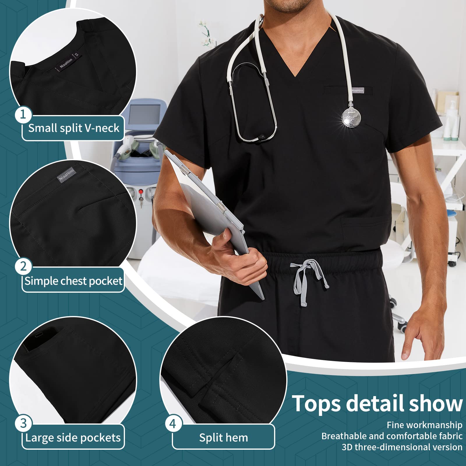 niaahinn Scrub for Scrubs Top with classic V-neck & Yoga Jogger Pants medical Nursing Uniform scrub set (Black,M,Medium)