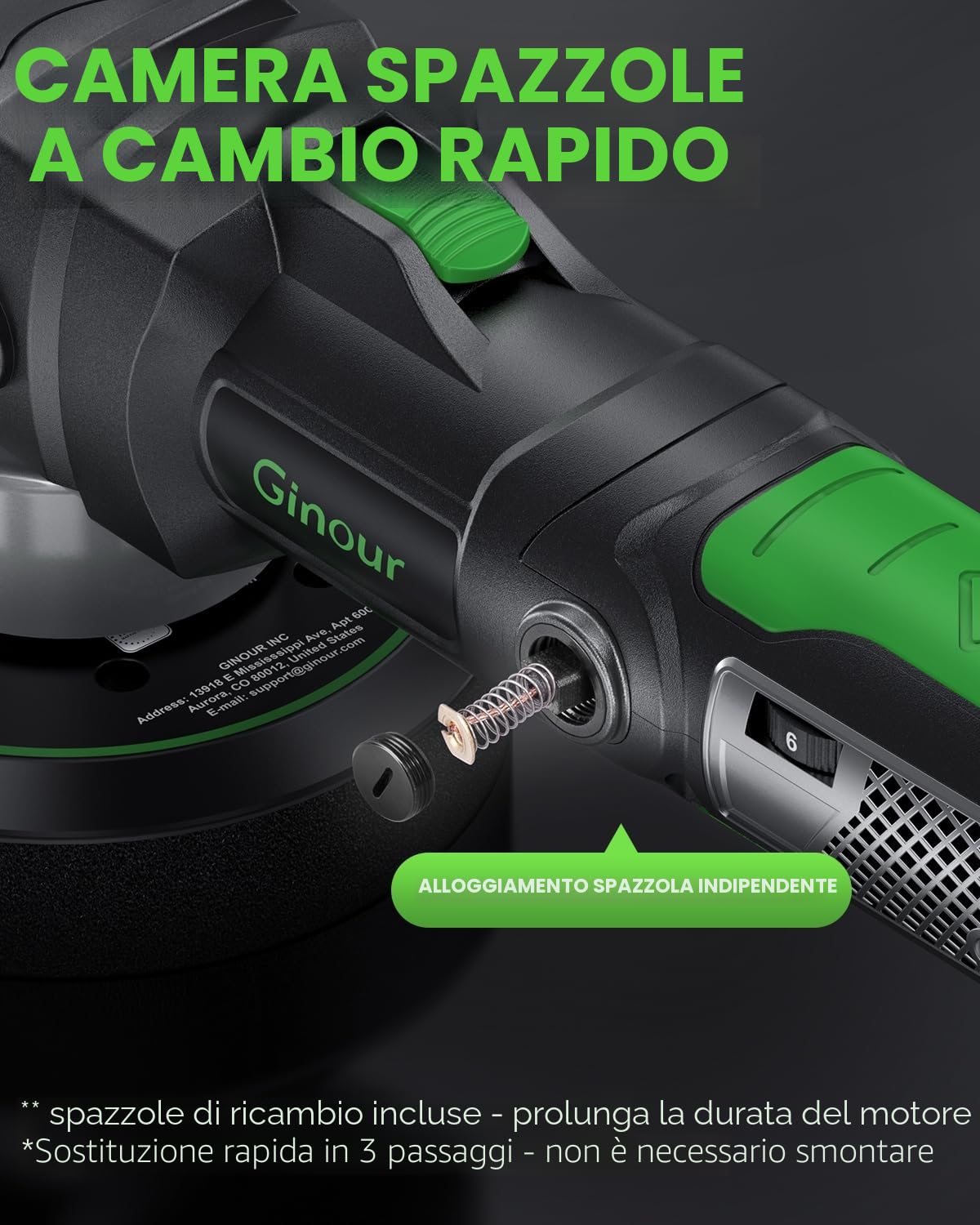 Ginour Lucidatrice Rotorbitale 1050W per auto, 6 velocità regolabili (2000-6400 OPM), lucidatrice auto con impugnatura a D e maniglia laterale, platorello da 150 mm / 6 pollici