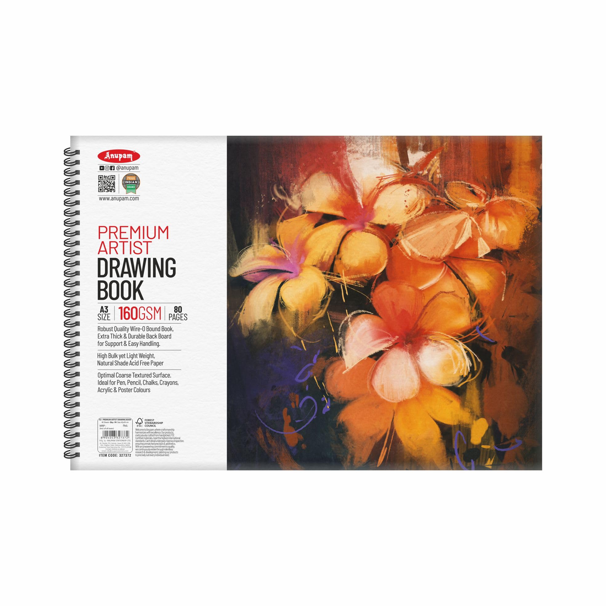 Anupam Artist Premium Drawing Book A3 | Acid-free Cartridge Paper 160GSM (40 Sheets, 80 Pages) | Spiral-Bound Sketchpad for Artists & Professionals for Marker Colored Pencil Charcoal Pastel