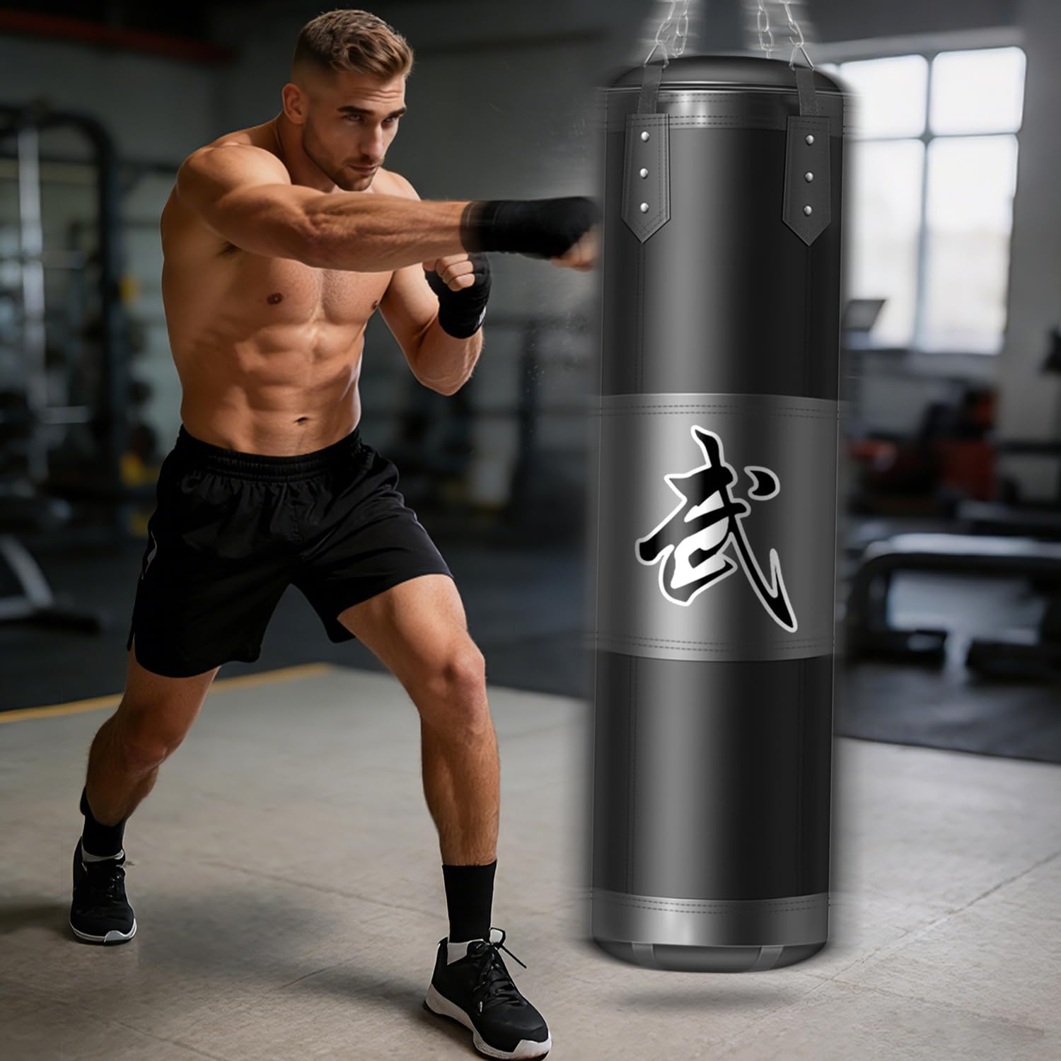 Sacco da Boxe per Adulti, Adolescenti e Bambini, 120 cm Tessuto Oxford, con Gancio a Soffitto, Catena, Bende, Parapolsi per MMA, Karate, Kickboxing, Boxe Home-Gym (Non Imbottito)