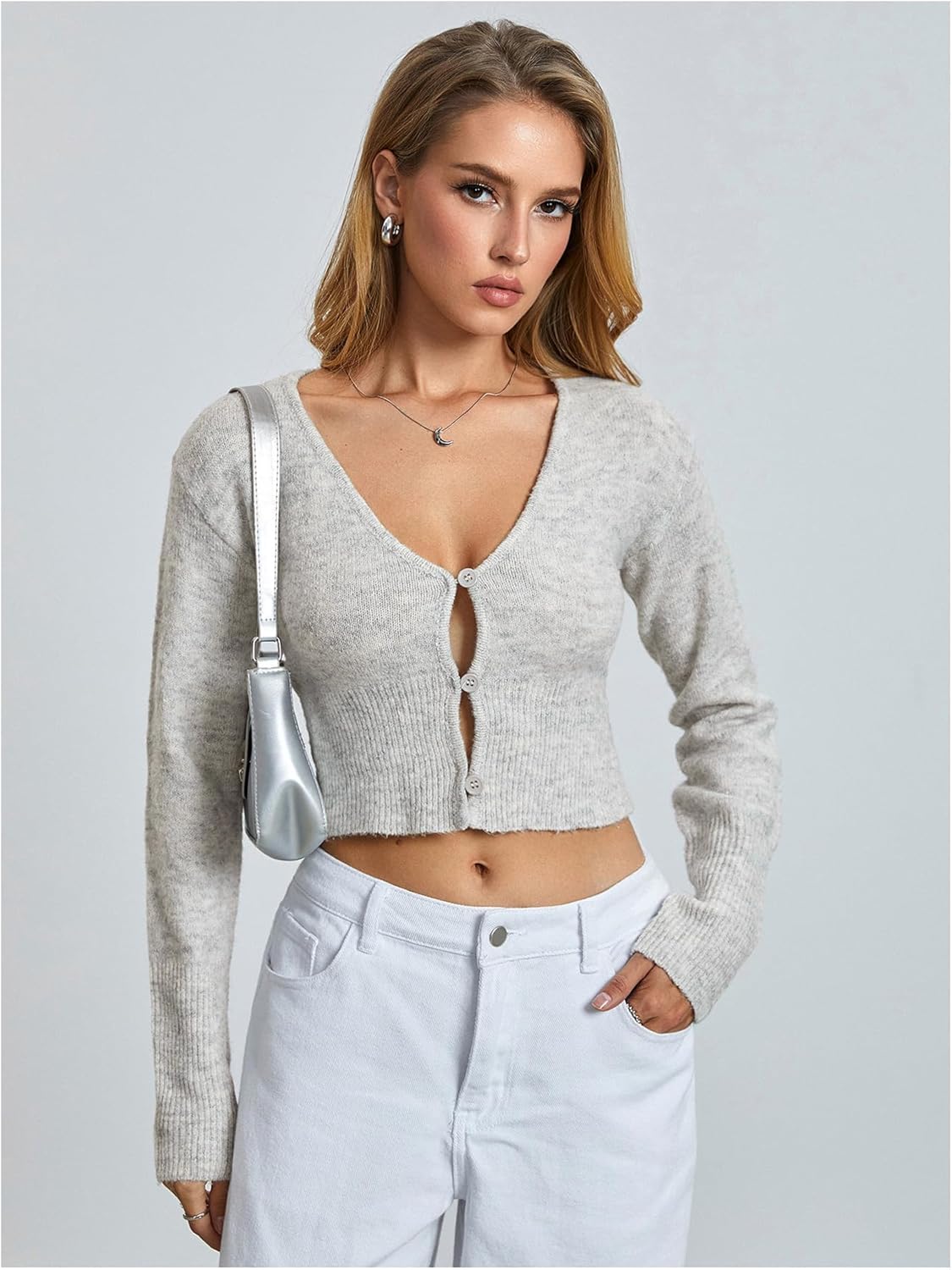 SHENHE Women's Cropped Cardigan Button Up Deep V Neck Y2k Fitted Soft Knit Sweater Cardigan - Image 4