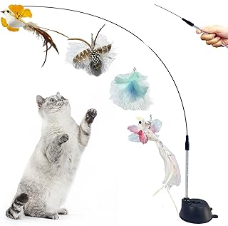 MOYITNCWL Cat Feather Toys, Cat Wand Toy with Suction Cup Detachable, 1pcs Cat Wands and 4 pcs Feather Replacements with Bell, Interactive Cat Toy for Indoor Chase Exercise