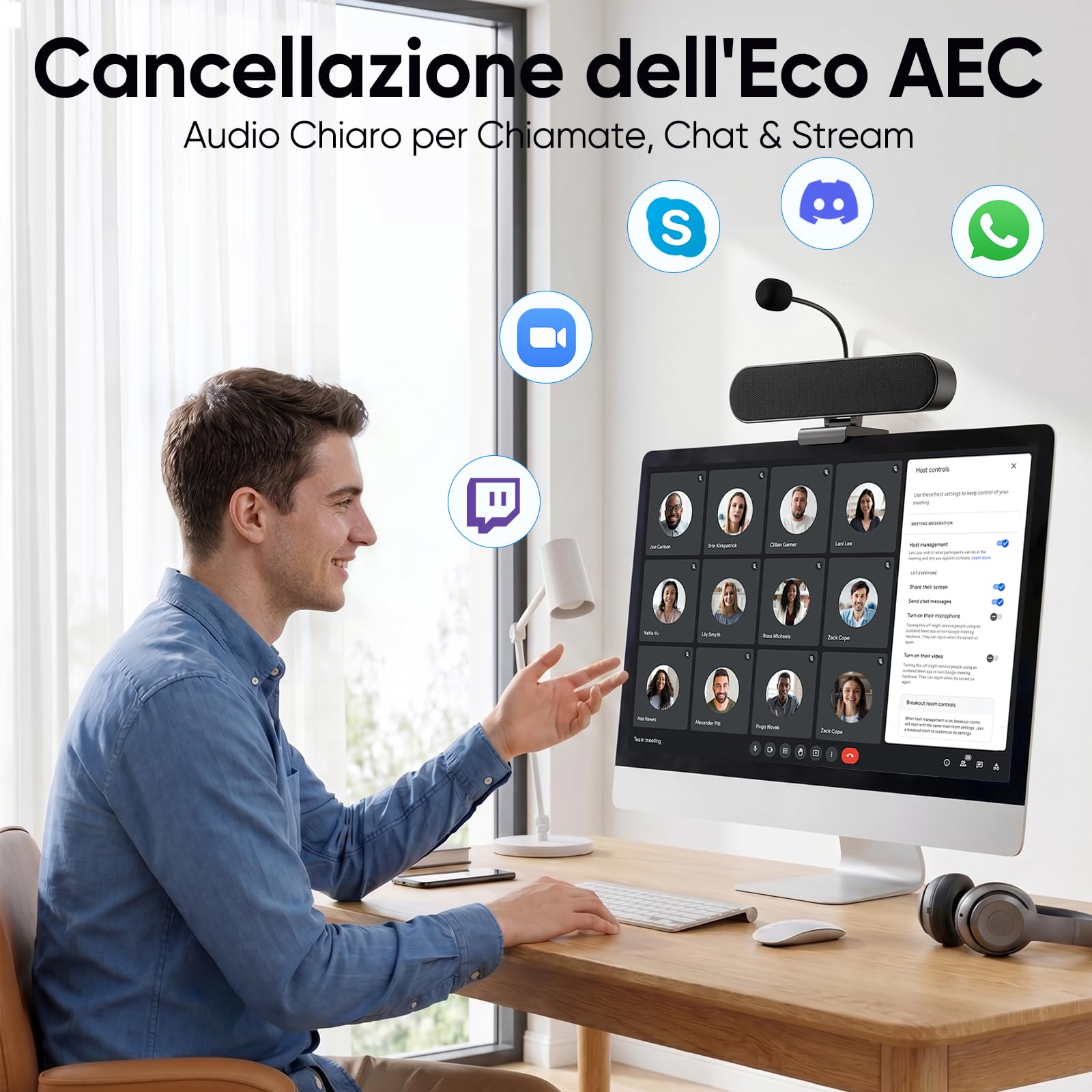 Inwa Cassa per PC USB con Microfono - Altoparlante Regolabile da Monitor Senza Ostruzione dello Schermo, Altoparlante Computer Stereo per Laptop, Desktop e PC, Plug and Play per Riunioni