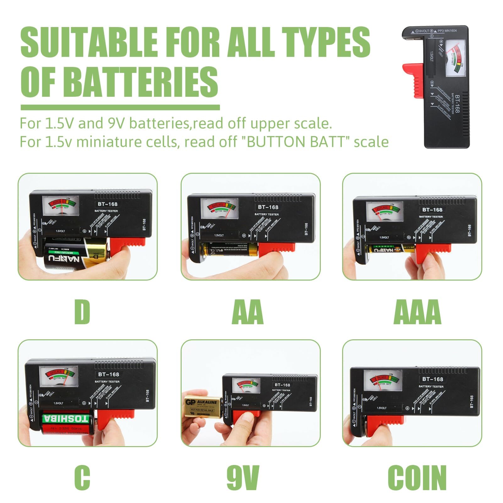 Testeur de Piles Universel, Testeur Pile Numérique pour AA, AA, C, D, PP3, 9V, 1.5V, Piles Bouton,Fonctionne Sans Pile,Testeur Piles Idéal pour Tester vos Anciennes Batteries (Modèle: BT-168)