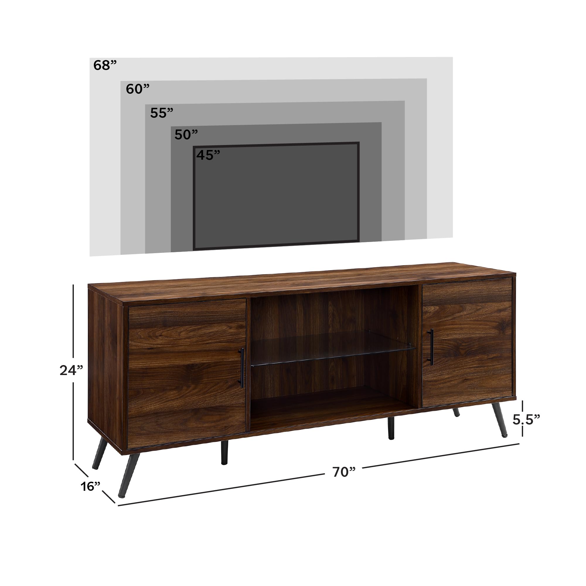 Walker Edison Saxon Mid Century Modern Glass Shelf TV Stand for TVs up to 65 Inches, 60 Inch, Walnut