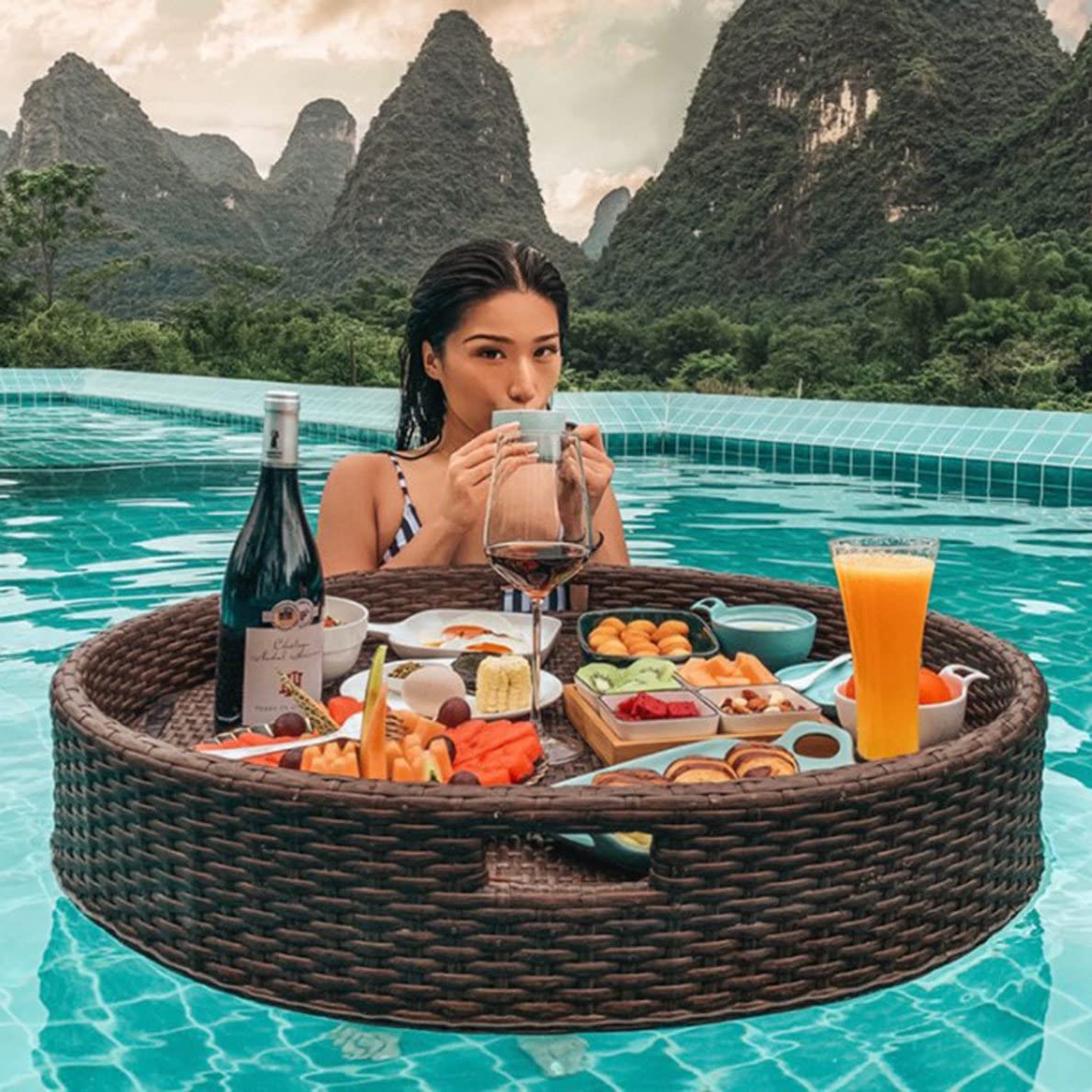 DFGHNBVC Rattan Woven Serving Tray Multifunction Floating Breakfast Tray Swimming Pool Floating Tray Table,Brown-60Cm