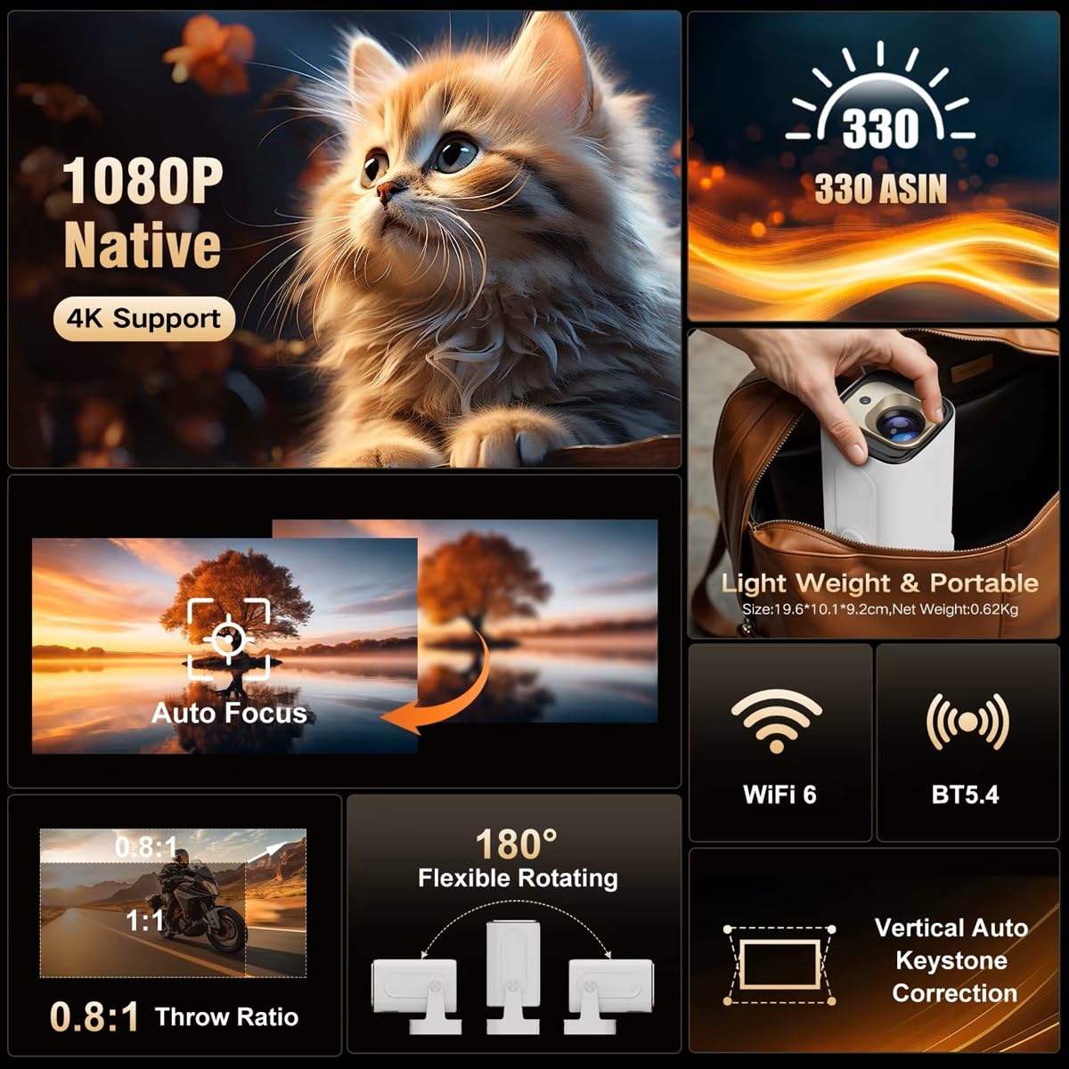 HY310 Android 14 4K projektor natywny 1080P Natywny autofokus 330ANSI Dual Wi-FI BT5.4 Air Mouse Voice Home Outdoor Film