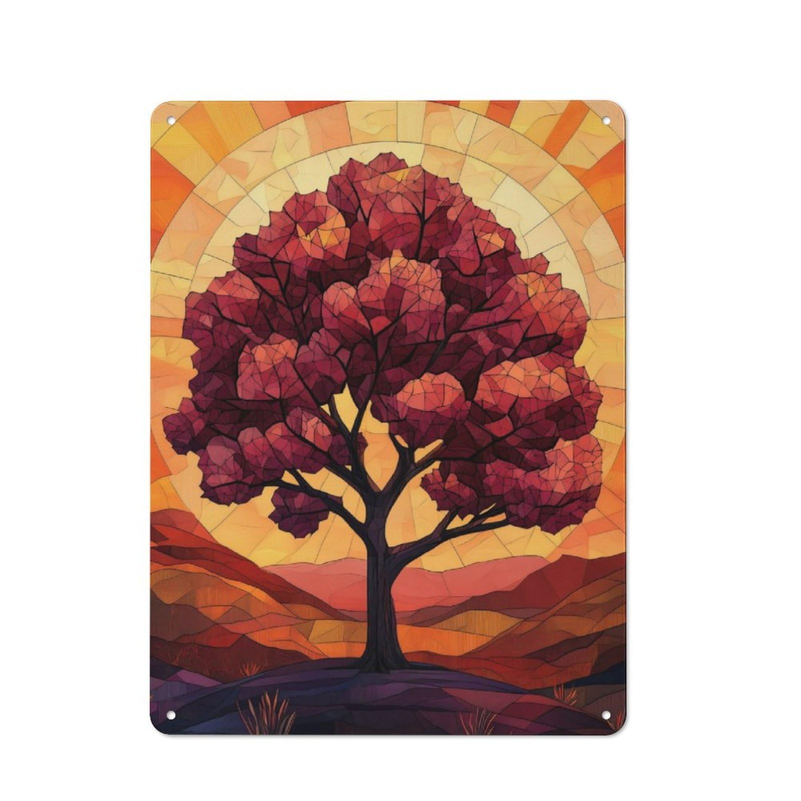 Junmoney Tree Silhouette Sunset Stanied Glass Retro-Style Metal Plaque 40X30cm For Kitchen Or Home Bar, Gift For Home Bar Enthusiasts During The Christmas Season