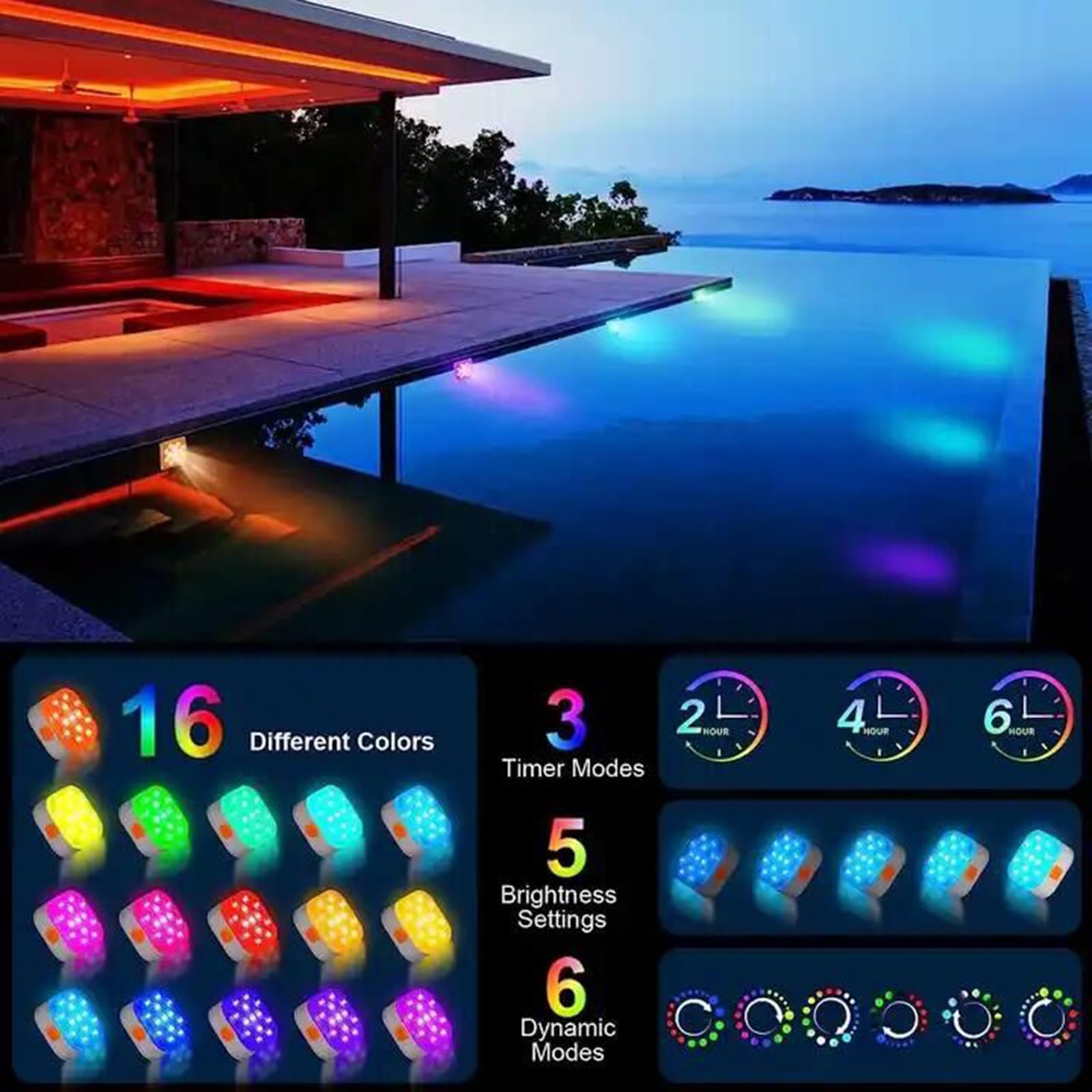 Lampe LED de piscine IP68 étanche à intensité variable avec télécommande, 16 couleurs, 6 modes dynamiques, minuterie 2h/4h/6h, chargement magnétique