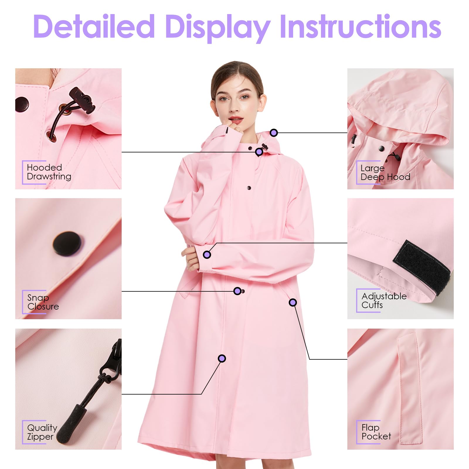 LAMA Long manteau de pluie pour femme, manteau de pluie léger avec capuche, veste de pluie imperméable, vêtement de pluie pliable