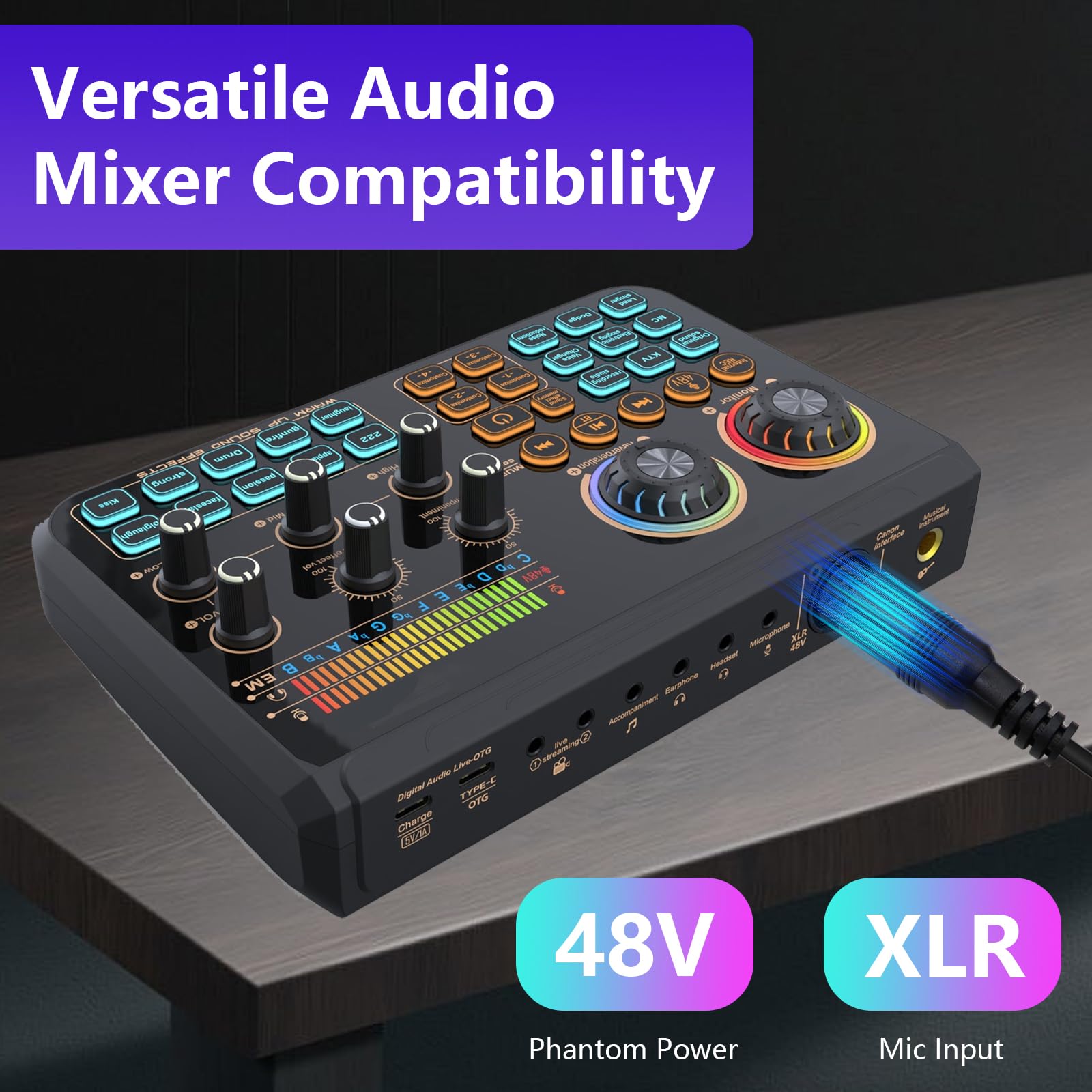 Mixer Audio con Scheda Audio Live, Mixer DJ con Cambia Voce Interfacce Audio Multiple Effetti Sonori Fai da te e Mixer per Musica di Sottofondo TikTok Karaoke Gaming e Streaming Live