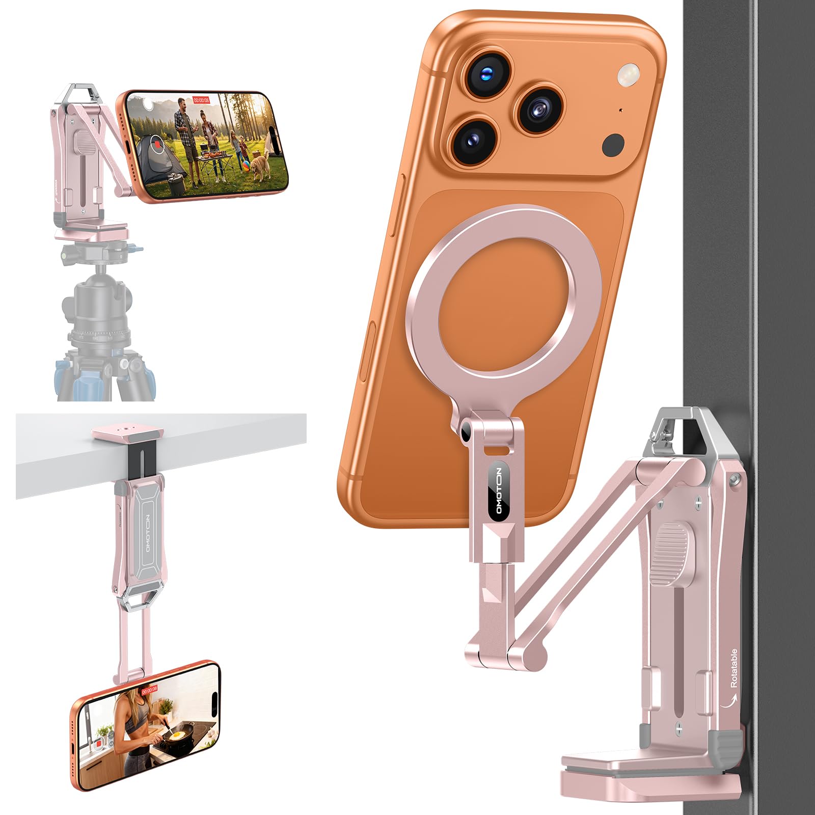 OMOTON TP02-Pro Magnetic Phone Holder for Vlogging, Content Creator Essentials with 1/4" Screw, Arca (7-Pink)