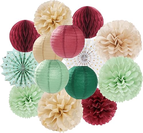 Decoraciones de fiesta de color verde oliva, champán y dorado, 14 linternas de papel bohemias para cumpleaños, para fanáticos, pompones de tejido,