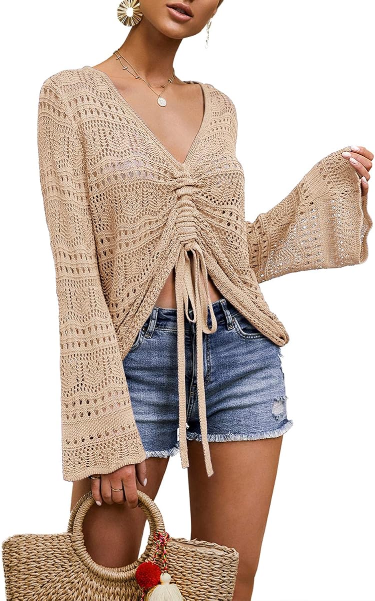 Women Crochet Top Beach Cloth Drawstring Cover Up Oversized Sexy Beachwear