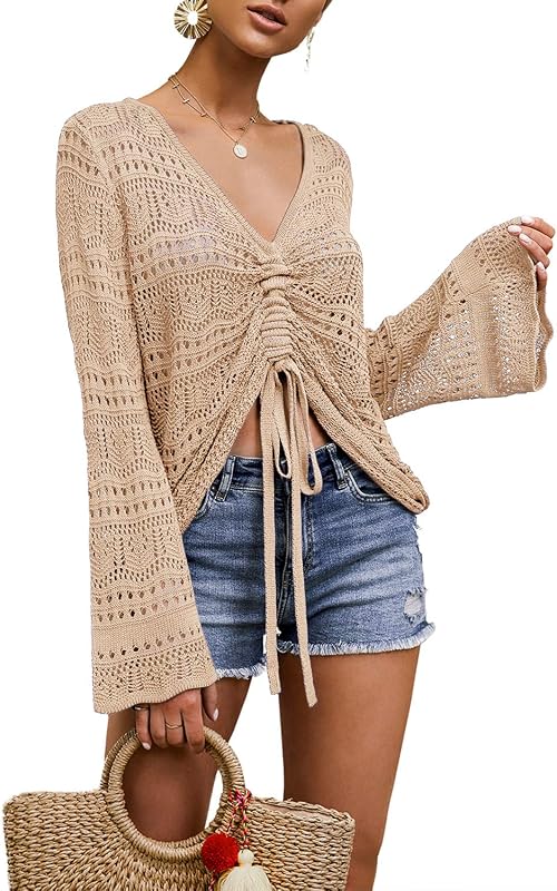 Women Crochet Top Beach Cloth Drawstring Cover Up Oversized Sexy Beachwear