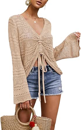 Women's Boho Off Shoulder Sheer Crop Top with Crochet and Bell Sleeves