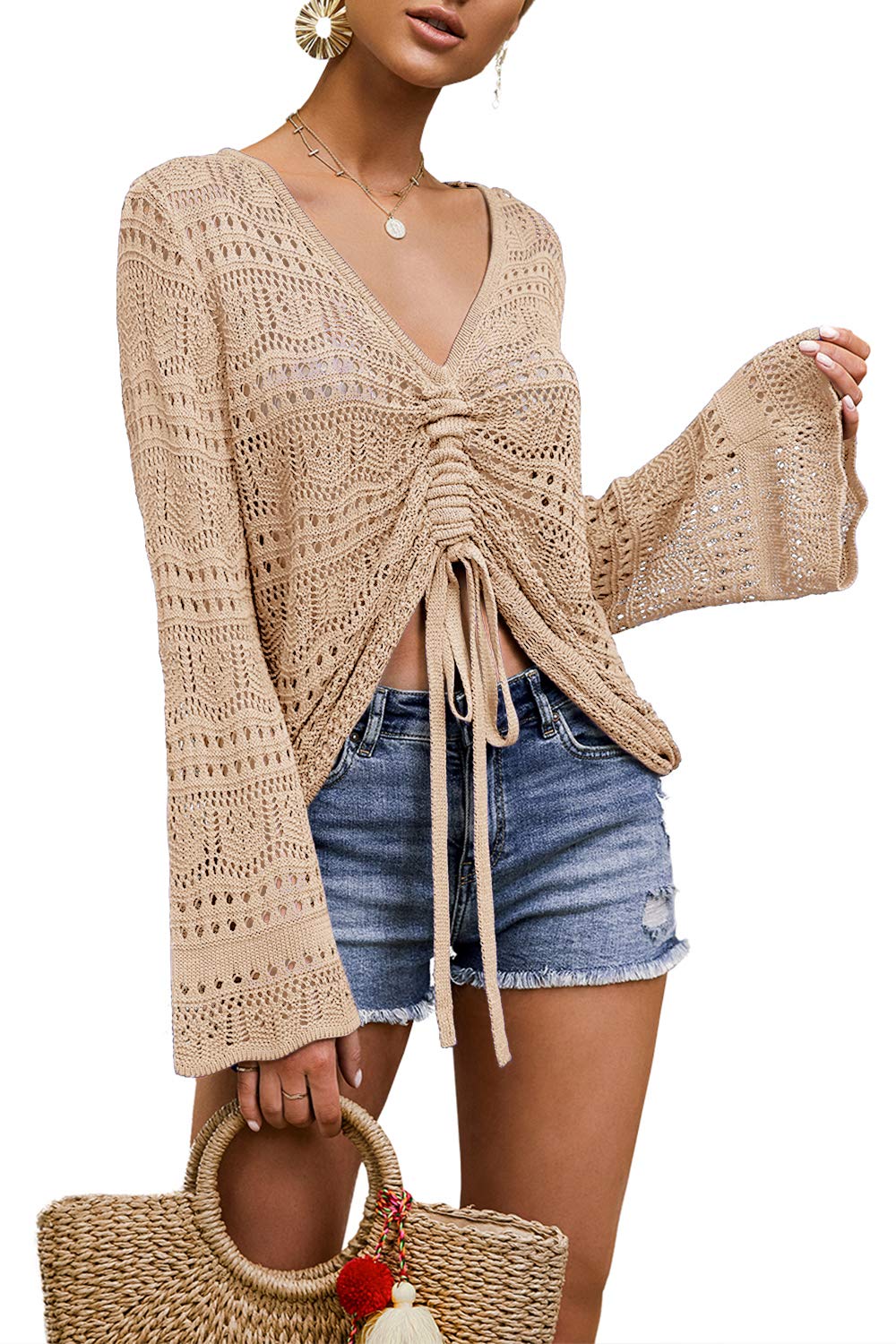 FERBIA Women Crochet Top Beach Cloth Drawstring Shirt Cover Up Oversized Sexy Beachwear Lace Up Tee Poncho