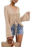 FERBIA Women Crochet Top Beach Cloth Drawstring Shirt Cover Up Oversized Sexy Beachwear Lace Up Tee Poncho Small Apricot