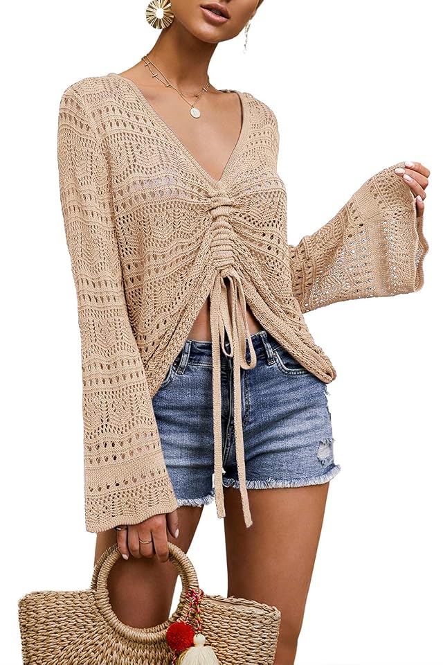 FERBIA Women Crochet Top Beach Cloth Drawstring Shirt Cover Up Oversized Sexy Beachwear Lace Up Tee Poncho
