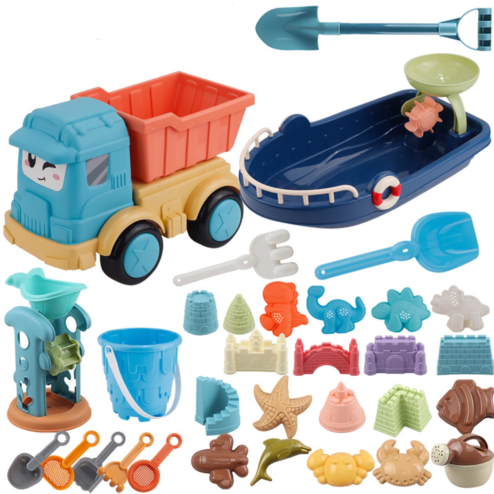 BUYMORE Beautiful Useful Youthful 32 PCS Child Beach Toy Set, Playing with Sand Shovels, Digging Tools, Carts, Beach Carts, Over 4 Years Old Children's Toys Outdoor Indoor Play