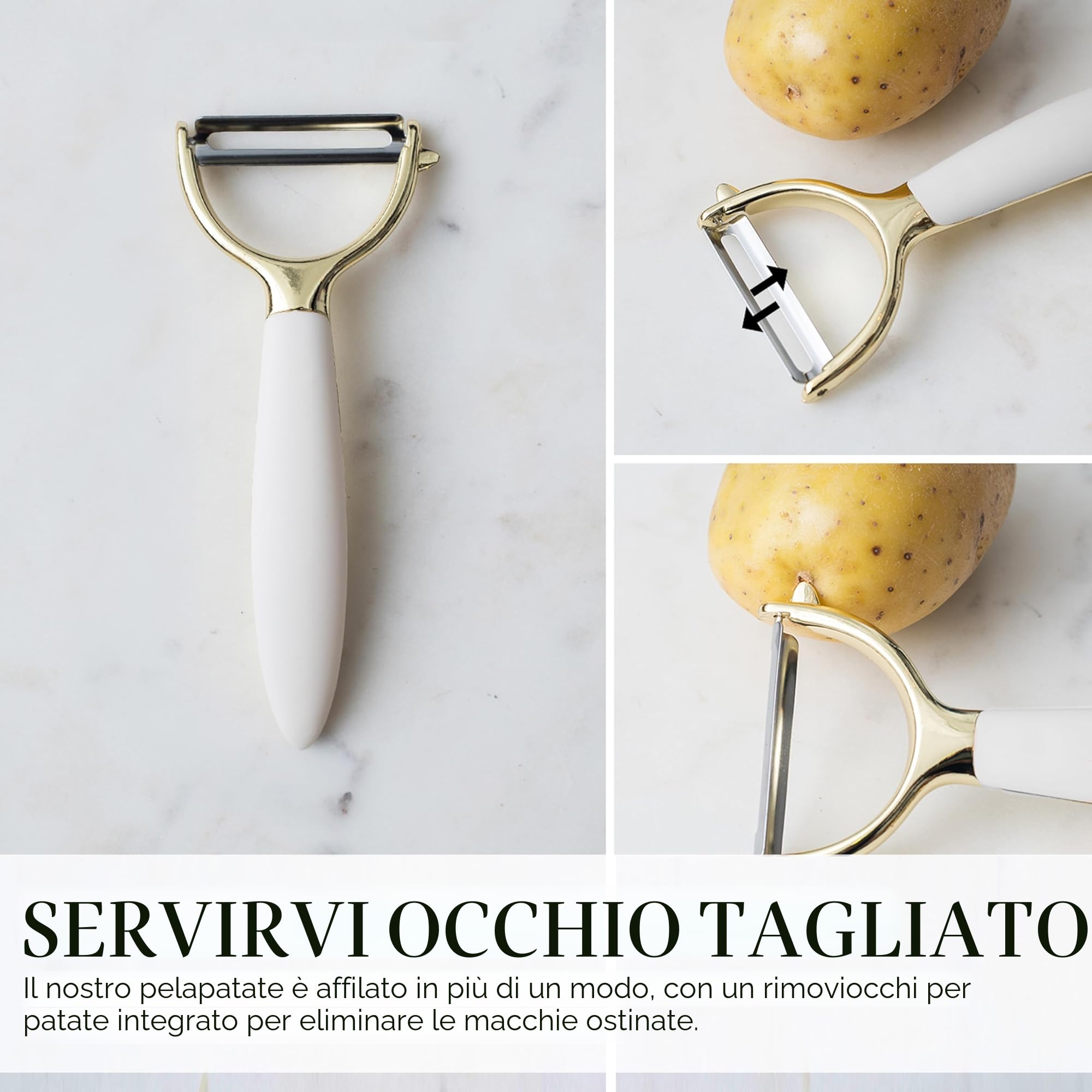 Styled Settings Set di utensili da cucina bianchi e dorati, 8 pezzi | Il set di utensili da cucina include apriscatole, pinze e spremiaglio, accessori da cucina bianchi e oro per la cucina