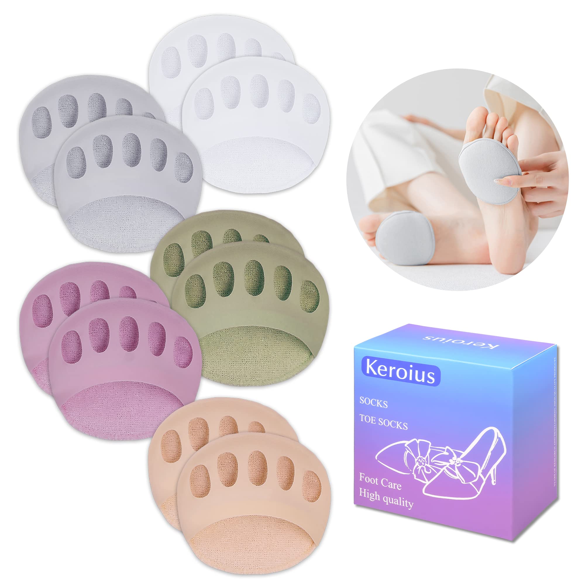Honeycomb Fabric Forefoot Pads Breathable Soft Ball of Foot Cushion Pads, Invisible Women's Half Liner Socks Mat for Flats High Heels (5Pairs(Beige-Gray-White-Purple-Green))