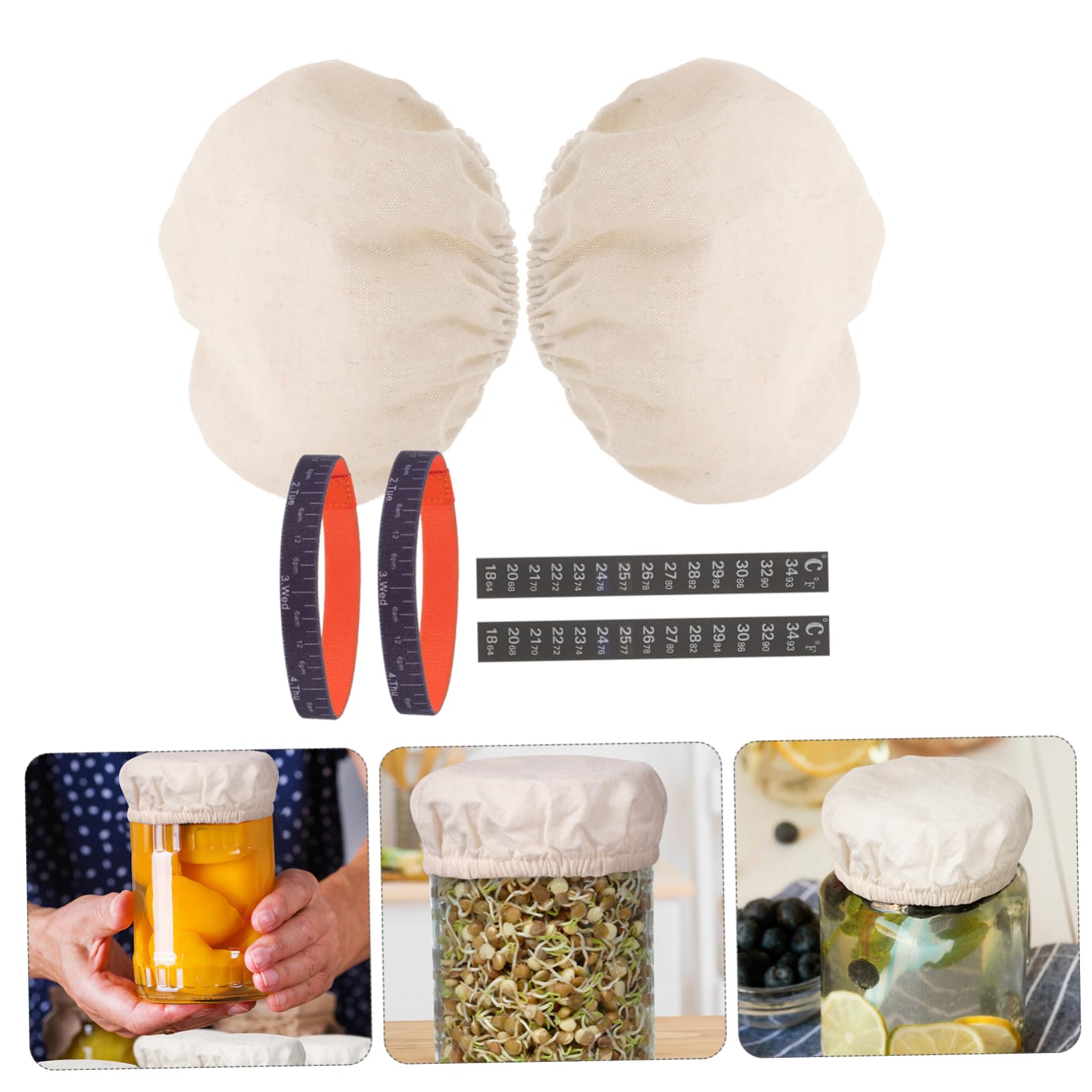 ABOOFAN 2 Sätze Hefefermenter-Set Glas-stoffabdeckung Glasgefäß-zubehör Zubehör Für Sauerteig-startergläser Thermometerstreifen Sauerteig-starterglas-stoffbezug Datumsbänder Baumwolle
