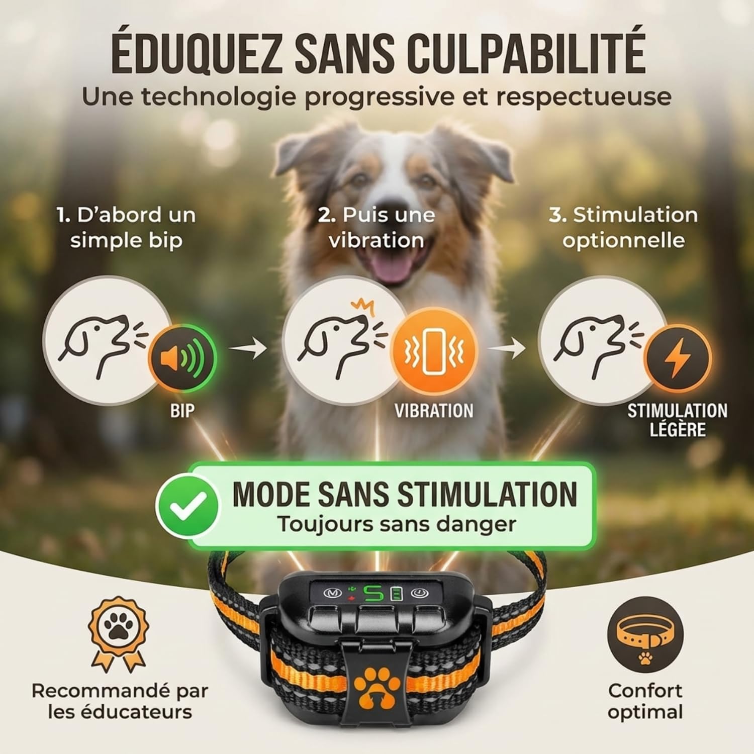 One PETS-TOP Collier Anti Aboiement Chien - Collier Anti Aboiement pour Chien à Simulation Electrostatique Douce, Vibrant, Sonore - IP67, Convient aux Gros et Petits Chiens - Ideal pour Le Dressage