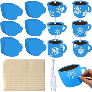 Woanger 60 Pcs Winter Hot Cocoa Crafts DIY Hot Cocoa Cup Scratch Paper Card Craft Kits Bulk Make Your Own Winter Xmas Coffee Cup Hanging Art Ornaments Scratch for Christmas Tree Decors