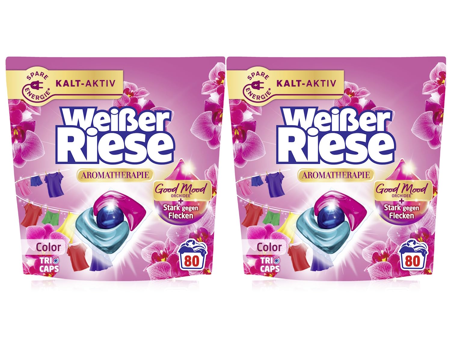 Weißer Riese Color Trio-Caps Aromatherapie Orchidee 2x 80 WL (160 Waschladungen), Color Waschmittel mit Good Mood-Duft für unwiderstehlich duftende & strahlend saubere Wäsche, 100% recycelbar