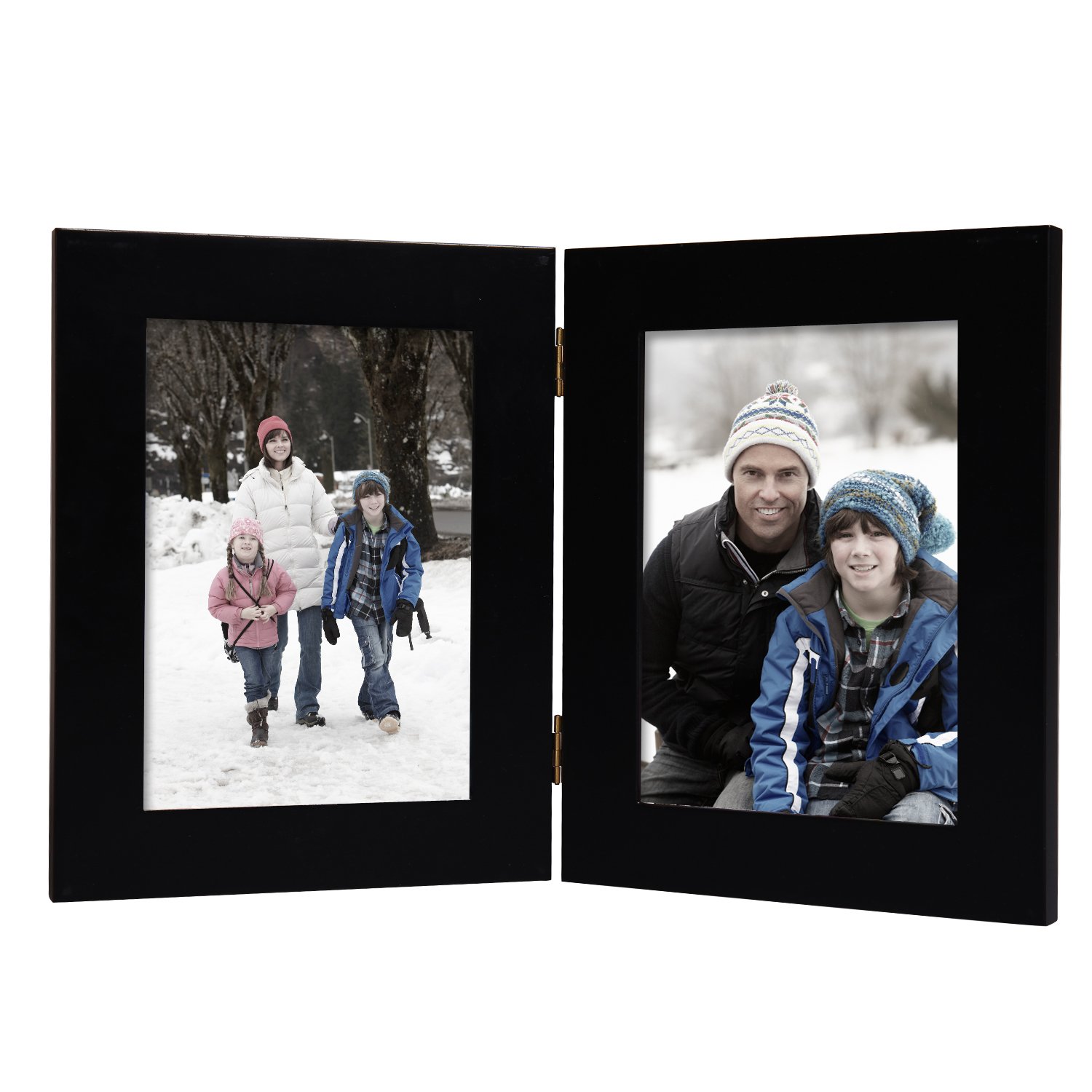 Adeco [PF0165] Decorative Black Wood Hinged Table Desk Top Picture Photo Frame, 2 Vertical Portrait Openings, 5x7 inches