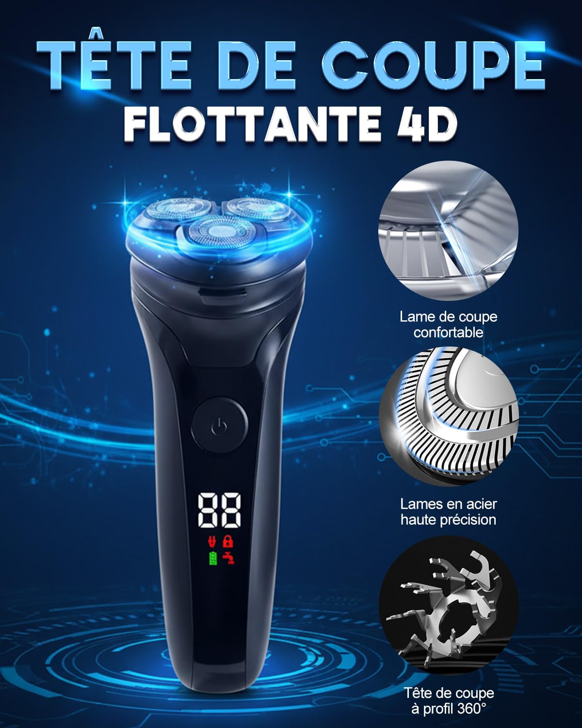 Rasoir Électrique Homme avec Écran LCD, Rasoir Électrique Sans Fil Rechargeable, IPX5 Étanche pour Rasage Sec et Humide, 3 Têtes Rotatives Double Piste, Tondeuse Pop-Up Intégrée, Peau Sensible(Noir)