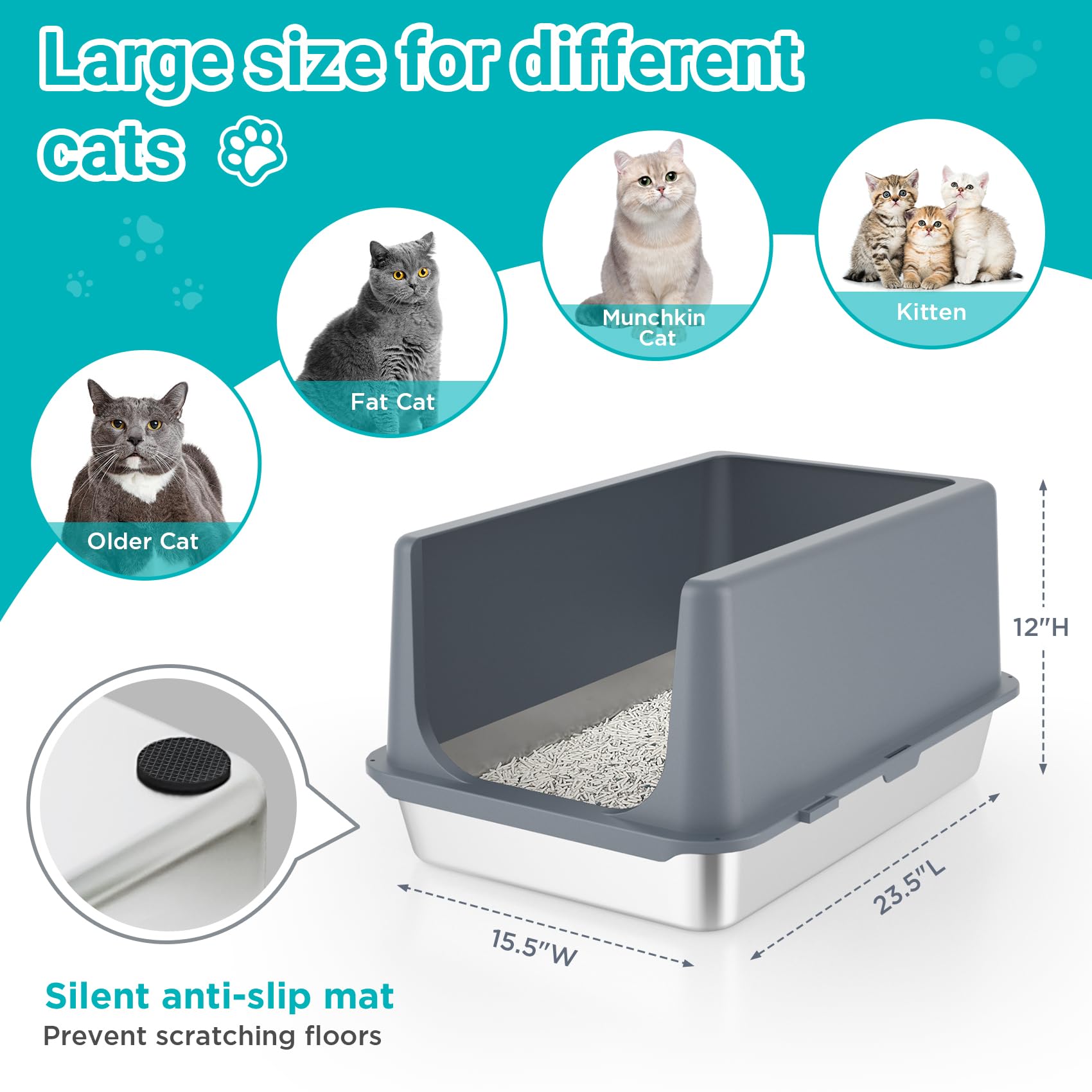 LIHONG Stainless Steel Litter Box with Lid, XL Metal Cat Litter Tray for Indoor Cats, Enclosure Cat Litter Pan for Large Cats, Non-Sticky Large Kitty Litter Box, Anti-Leakage, 23.5" X 15.6" X 12" - image 4