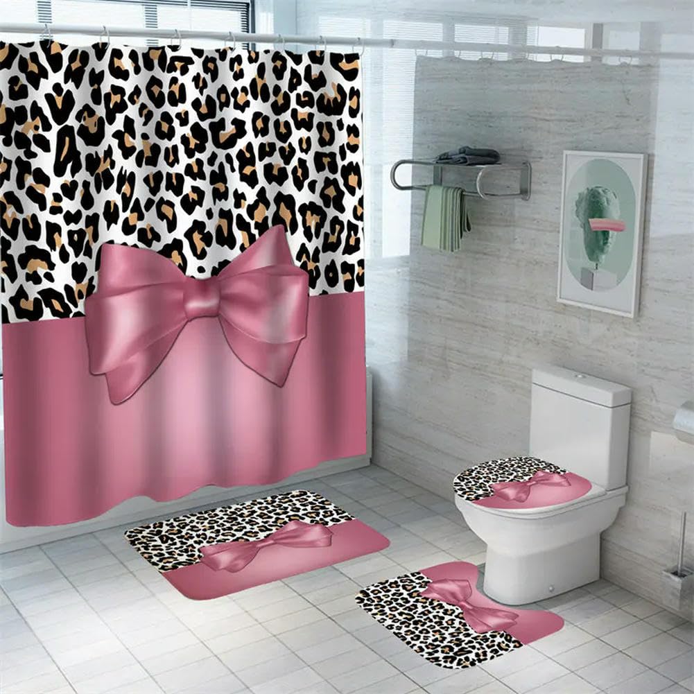 Ensemble de 4 tapis de bain géométriques avec motif léopard pour la Saint-Valentin, salle de bain, tapis décoratifs, imperméables et respectueux de l'environnement, lot de 4 pièces, 3 x 180 x 200 cm
