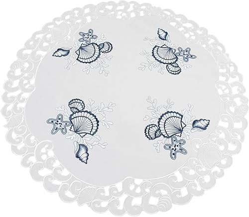 Miniatura 4 de Linens, Art and Things Mantel redondo bordado de playa con conchas azules sobre blanco, mantel pequeño (33 pulgadas redondo)