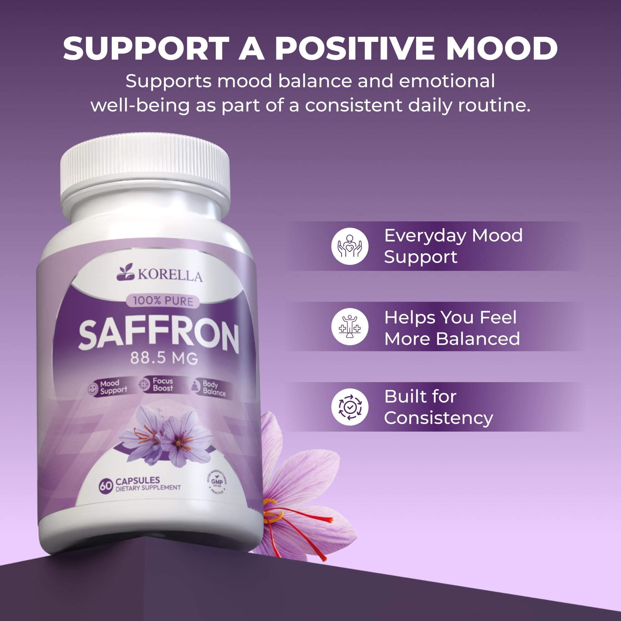 KORELLA Saffron Supplement 88.5 mg – Pure Saffron Extract Capsules for Wellness, Energy Support & Focus – Pure Saffron Supplements - Natural Saffron Pills for Men & Women – 60 Count — Amazon image 5