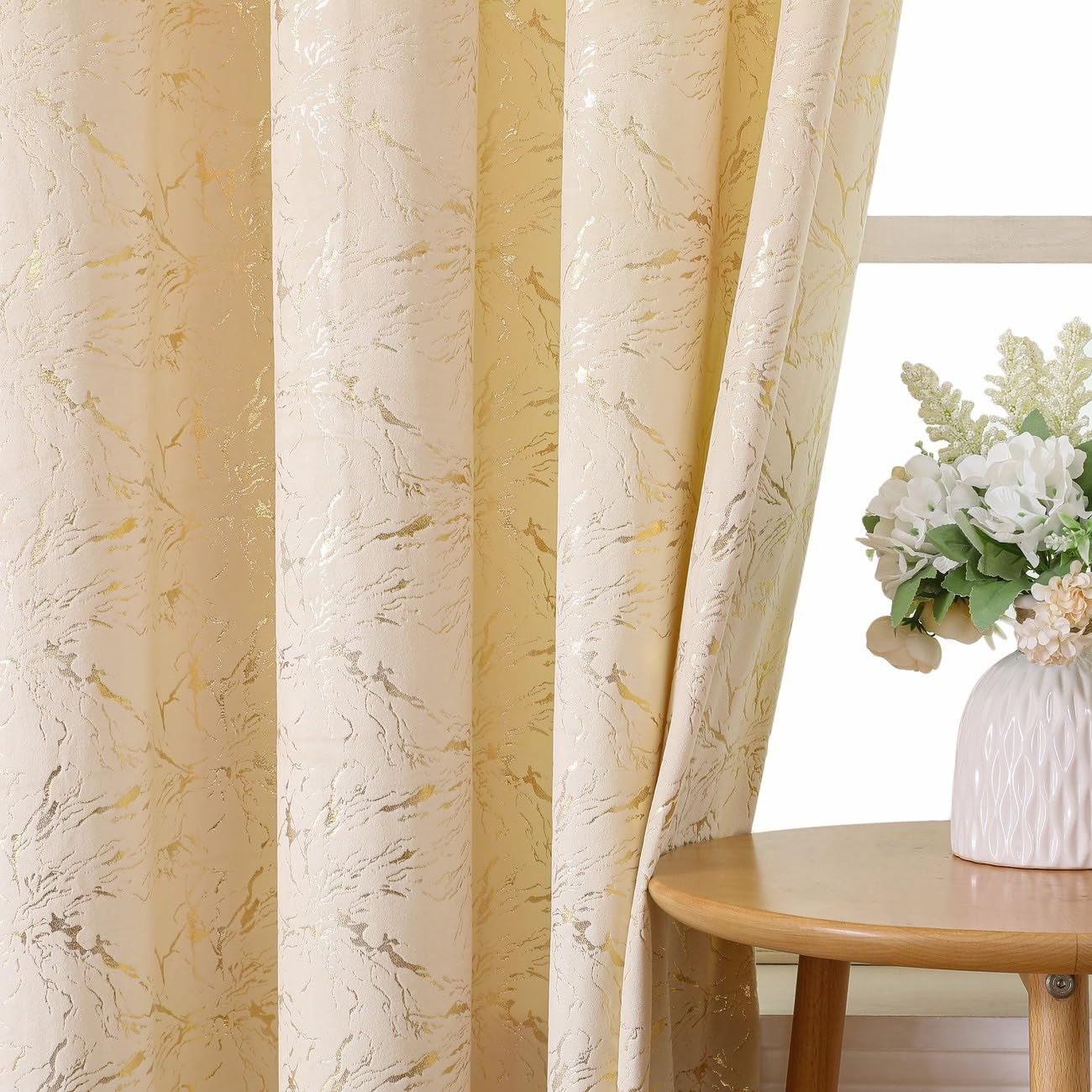 Gazal Vole Beige Gold Marble Curtains for Living Room Bedroom, Metallic Foil Printed Drapes, Velour Feel Eyelet Ring Top, 75-80% Light Filtering Privacy Panels, 2 Panel Set - W55 x L96 inch