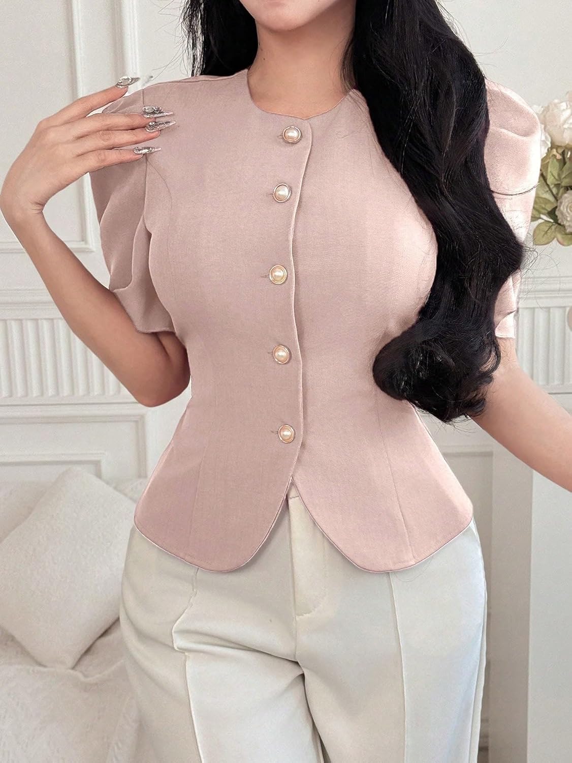 Women's Fashion Tops Elegant Round Neck Puff Sleeve Tops