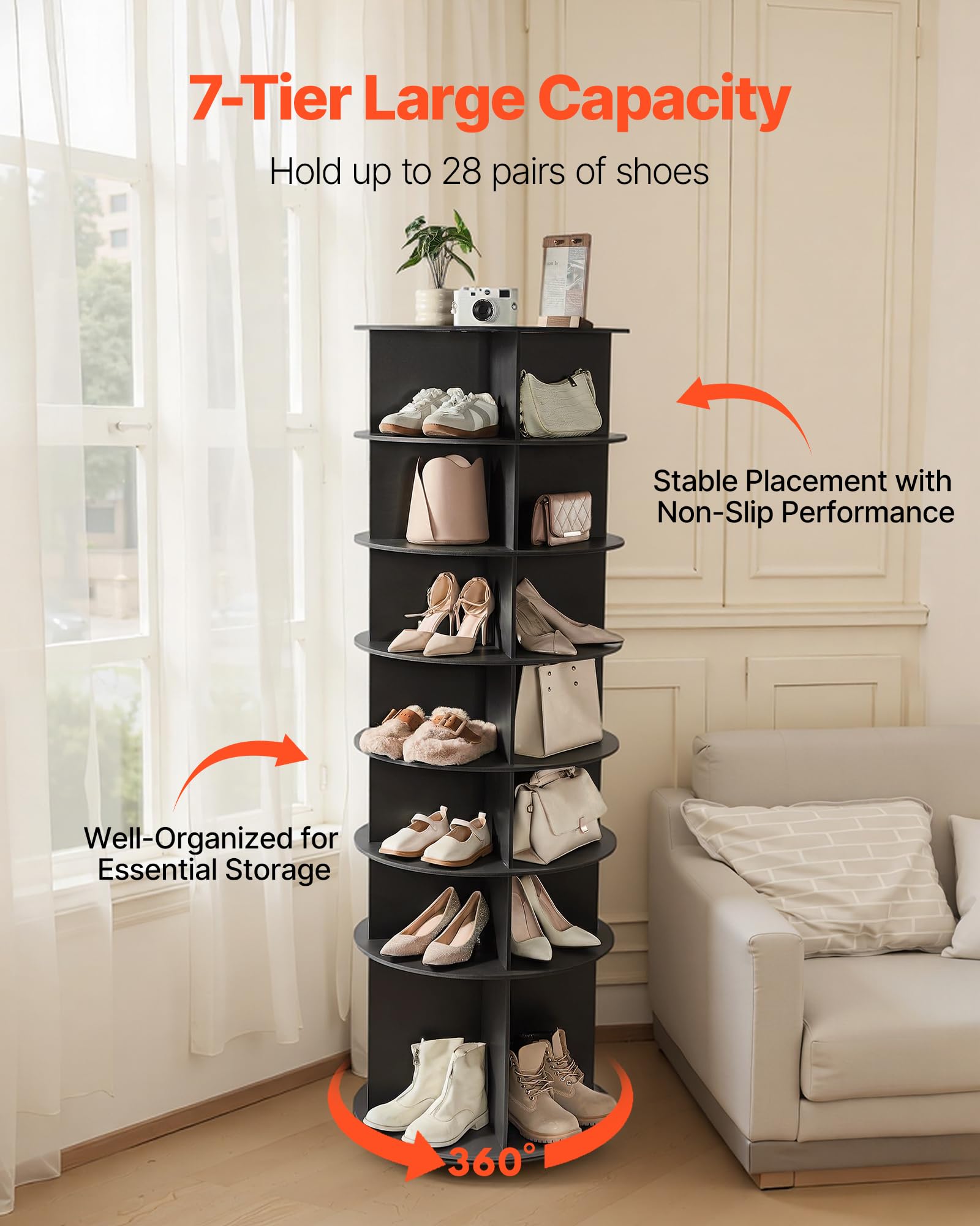 VEVOR Carosello Portascarpe Supporto Girevole a 360° con 598 x 598 x 1805 mm per 28 Paia di Scarpe 7 Ripiani, Salvaspazio, Scaffale per Scarpe per Camera da Letto, Soggiorno, Ingresso, Nero