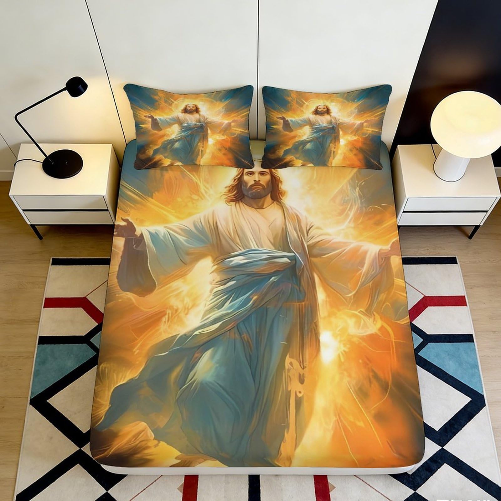 3D Printed Jesus Religious Fitted Sheet Microfiber Soft Breathable Spiritual Bed Cover for Bedroom Dormitory Guest Room Mattress Protection Decor 140x200x25cm