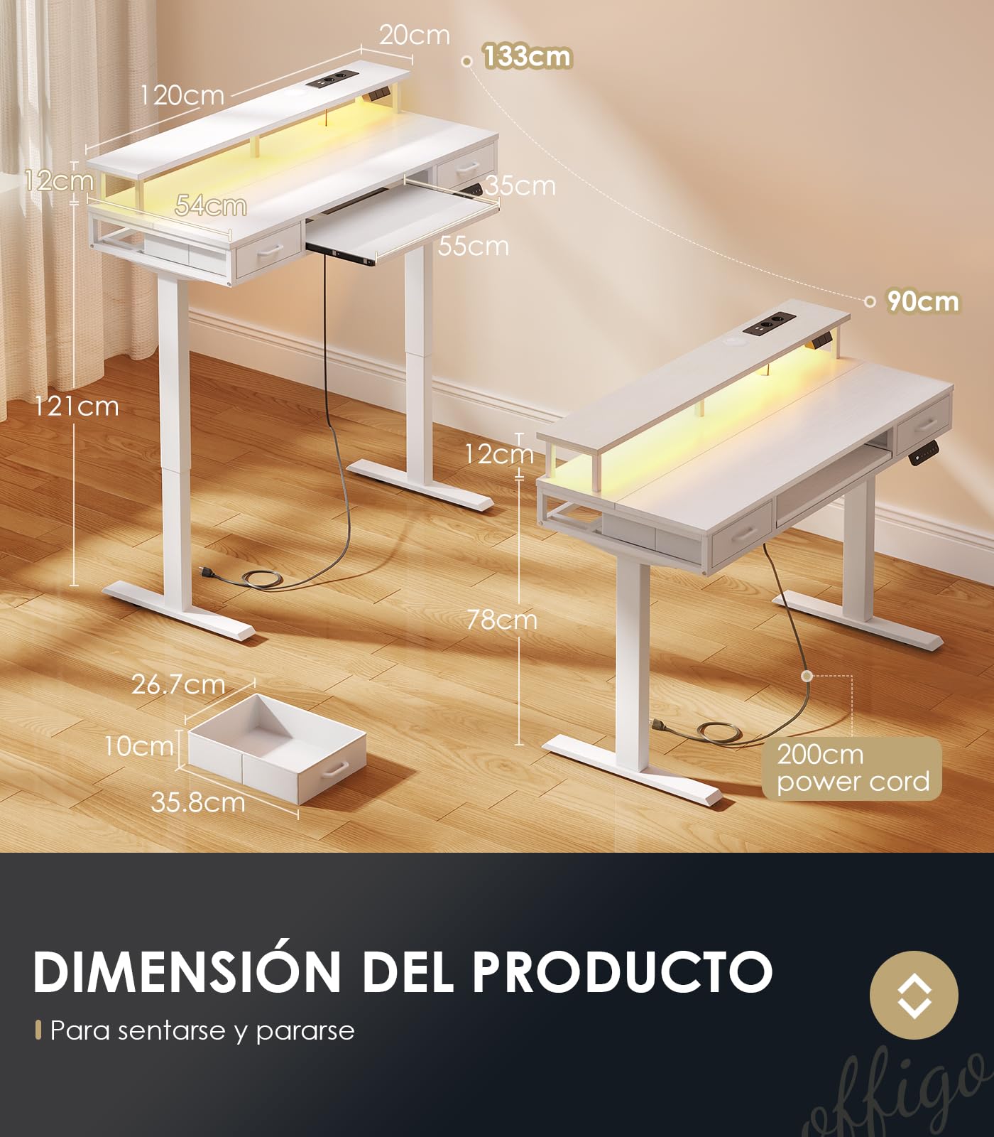 OffiGo Escritorio Elevable con 2 Cajones, 120cm Mesa Elevable, Blanco | Elevable Escritorio con Bandeja para Teclado, Mesa Regulable Altura con Soporte Monitor, Mesa Elevable con Enchufes y LED