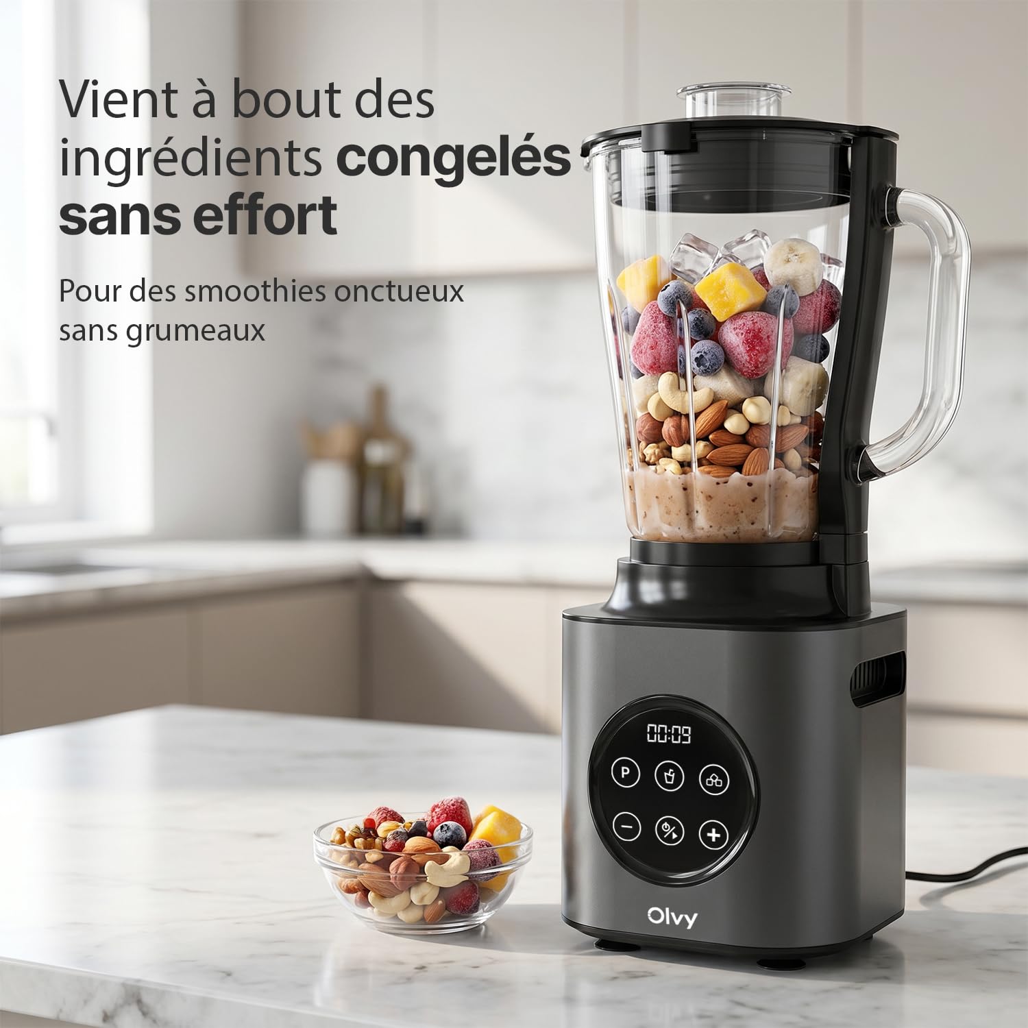 Olvy Blender Chauffant Mixeur Bol Verre Glace Pilee | 1 Appareil | Gris 1000W 1500ml 9 Vitesses | Smoothie Familial & Sport | Gourde Nomade Sans BPA
