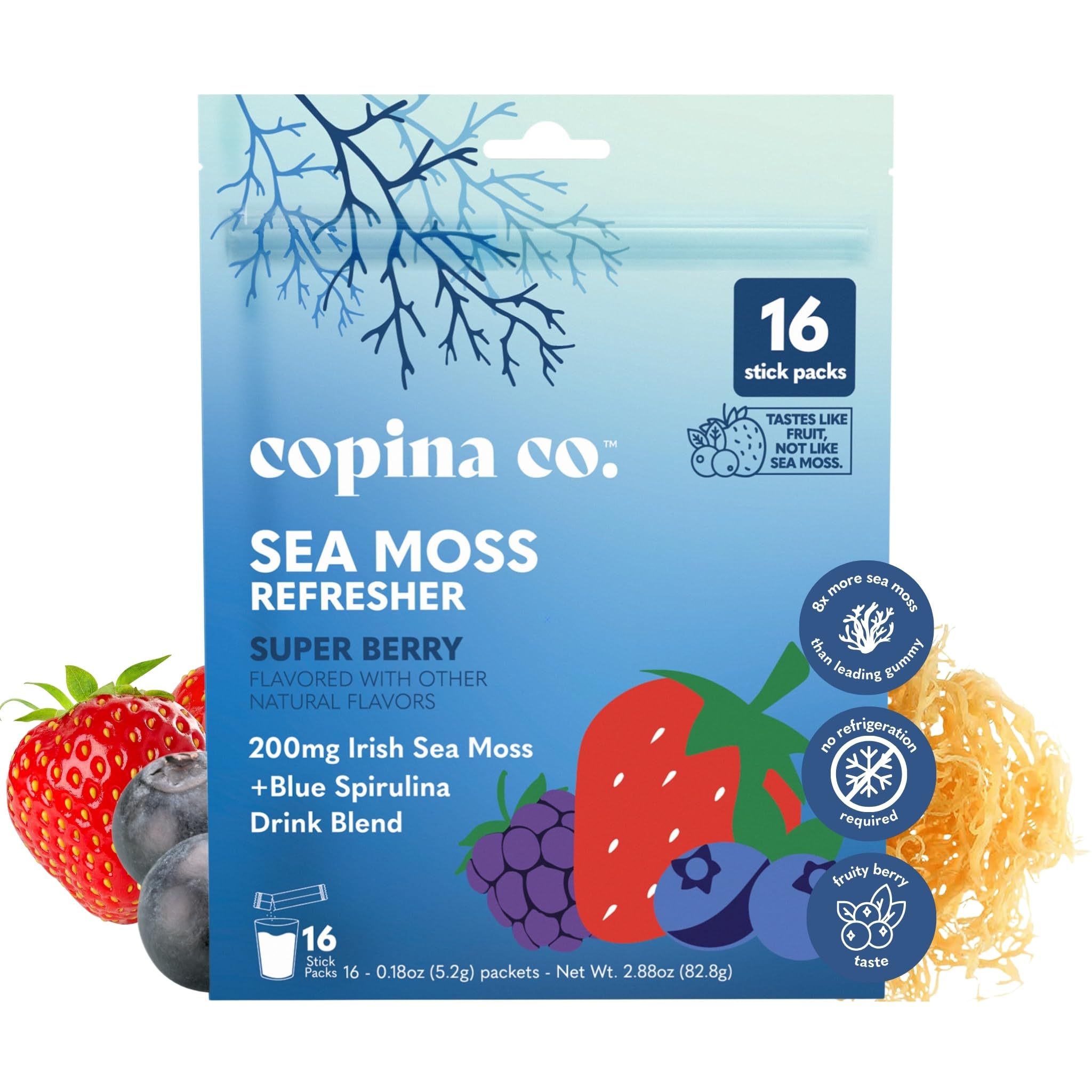 Copina Co. Irish Sea Moss Powder Drink - Super Berry with Organic Blue Spirulina - 200mg Organic Sea Moss for Gut & Skin Health, Immunity - Natural Electrolytes I 16 Stick Packs Super Berry 0.01 Ounce (Pack of 16)